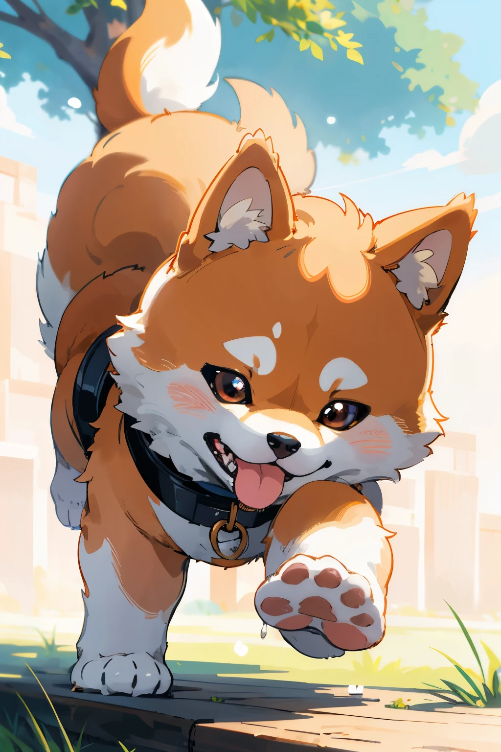 Adorable Shiba Inu dog sitting pretty, Round eyes gleaming with mischief，One small Shiba Inu breed，Sniffs the ground intently，Looks up with a playful grin，Barking happily，Wagging tail，Fluffy white fur，Cute SHIB Inu，Close up shot，Pointing paw，Loyal companion，Big floppy ears，Tethered to a tree，Golden collar，Shiny black nose，Watchful gaze，Wagging tail again，(High resolution 4K),(Best quality),(Tmasterpiece),(Emotionally captivating)