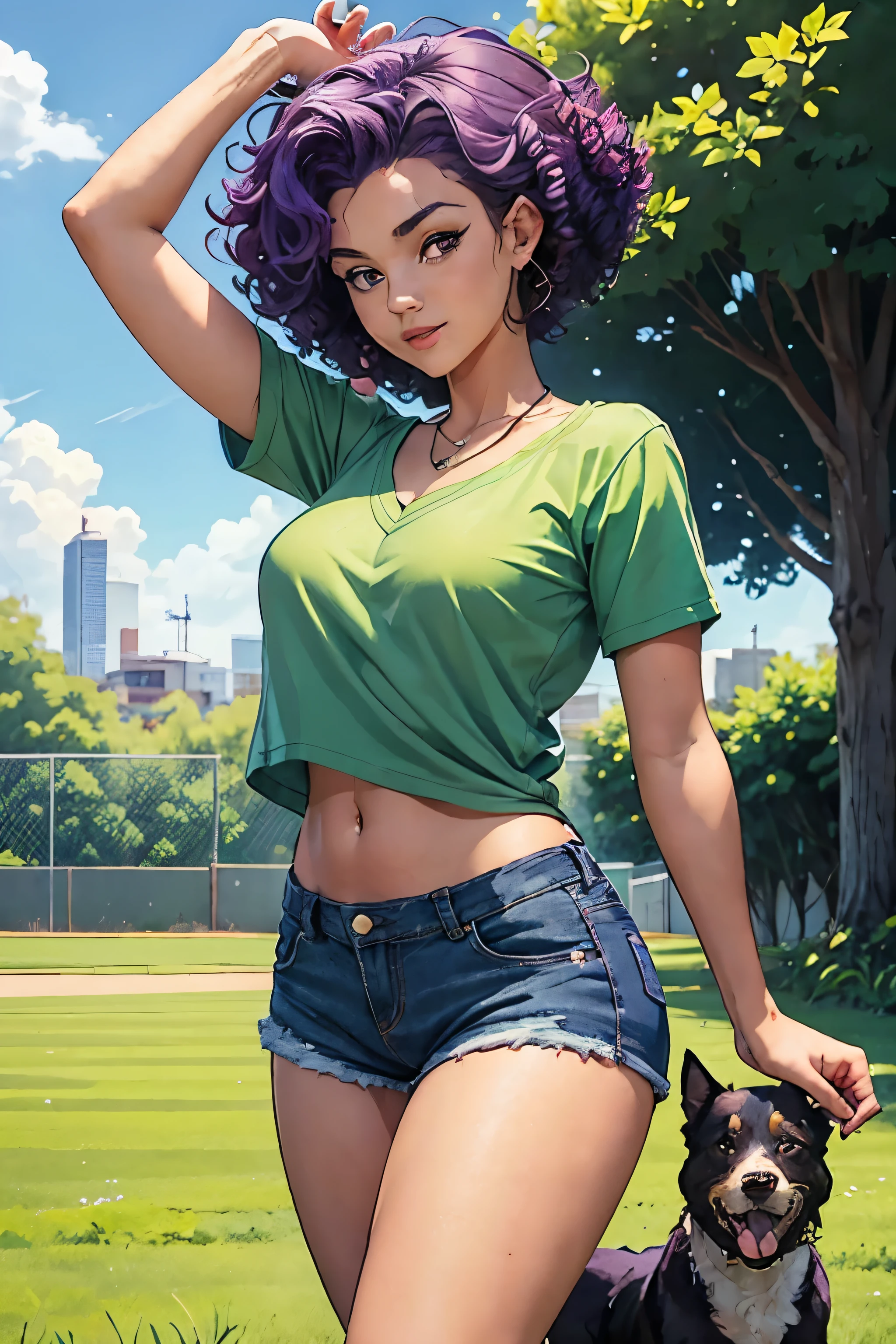 Beautiful girl , wearing denim shorts, purple curly hair, playing with dog, lush green outfield, summer day