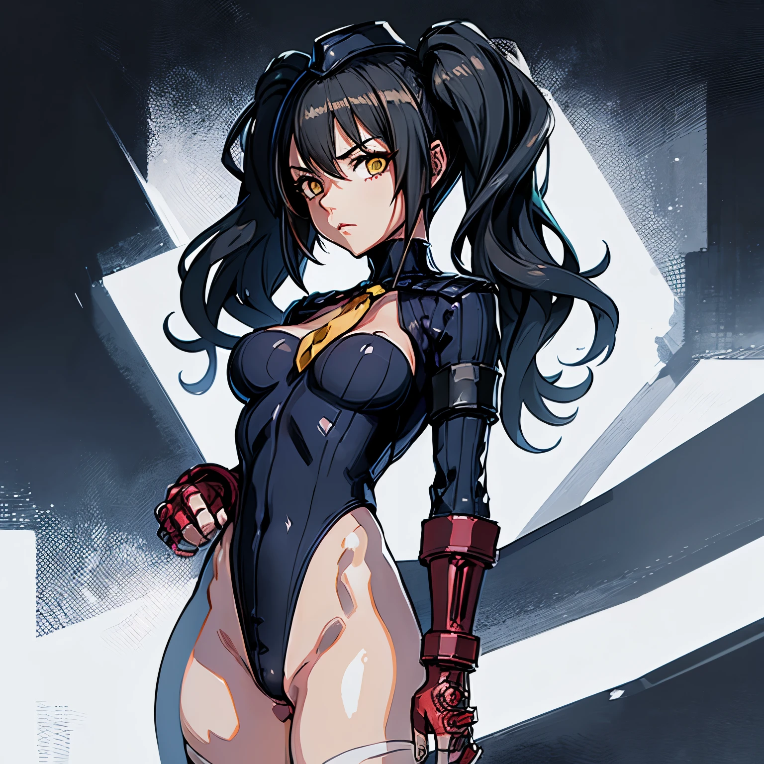 ultra-detailed, Explicit, Beautiful body, Beautiful Nose, Beautiful character design, perfect eyes, perfect face, ultra highres, 4K, beautiful legs, perfect legs, Nice hands, Perfect hand, Masterpiece, Best Quality, Highly detailed, illustration, absurdres, perfect anatomy, street fighter, doll suit, shadaloo doll, dollsuit, expressionless, blank eyes, looking at viewer, red gloves, emotionless, black latex, corrution, mind control, female combatant, full body, hypnotized, unhappy trance, full body suit, ribbed bodysuit, both arms at side, obey, perfect female body, extremely glossy latex, hypnosis, hypnoLora, empty eyes, Mind control device, poses, submissive_pose, Slave, standing straight, standing, standing at attention, hat, necktie, belt, latex, ribbed bodysuit, thighhighs, garter belt, Fighting Stance, extending the right arm from the shoulder into the air with a straightened hand, military, thigh boots, black pantyhose, (((pixel-perfect, detail-perfect))), solo, 1girl, hair ornaments, long hair, black hair, hair ribbon, yellow eyes, Scarecrow, Girls' Frontline, medium breast, twin tails, gas mask, ScarecrowGasmask, sangvis ferri