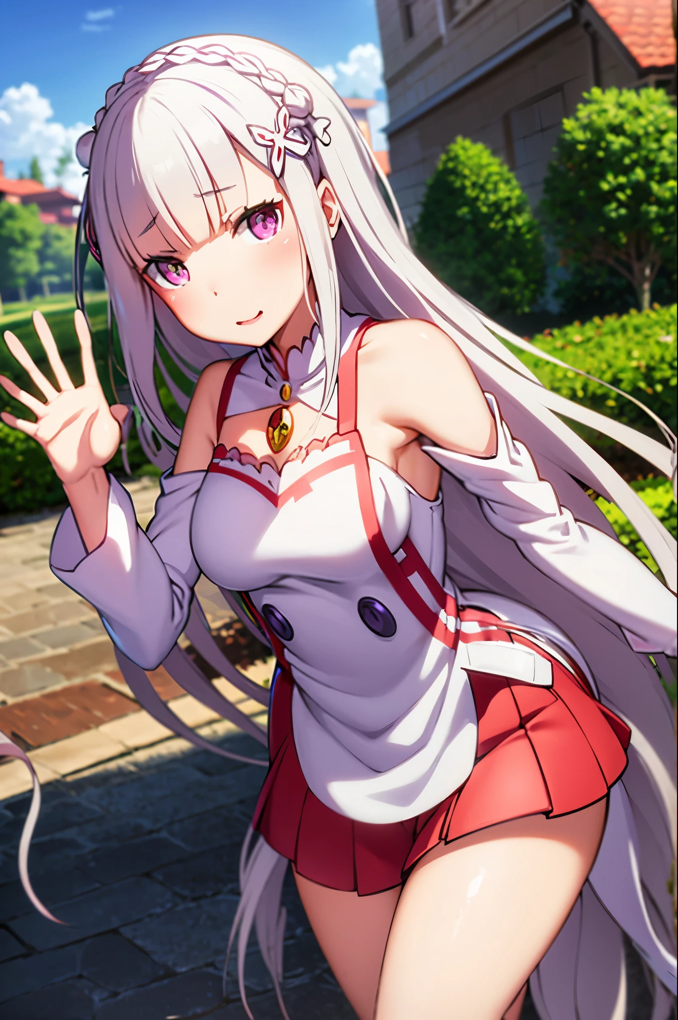 anime girl in a red and white outfit walking down a street, Emilia re:zero, purple eyes, Emilia, crown braid, x hair ornament, flower hair ornament, white hair, very long hair, medium breasts,