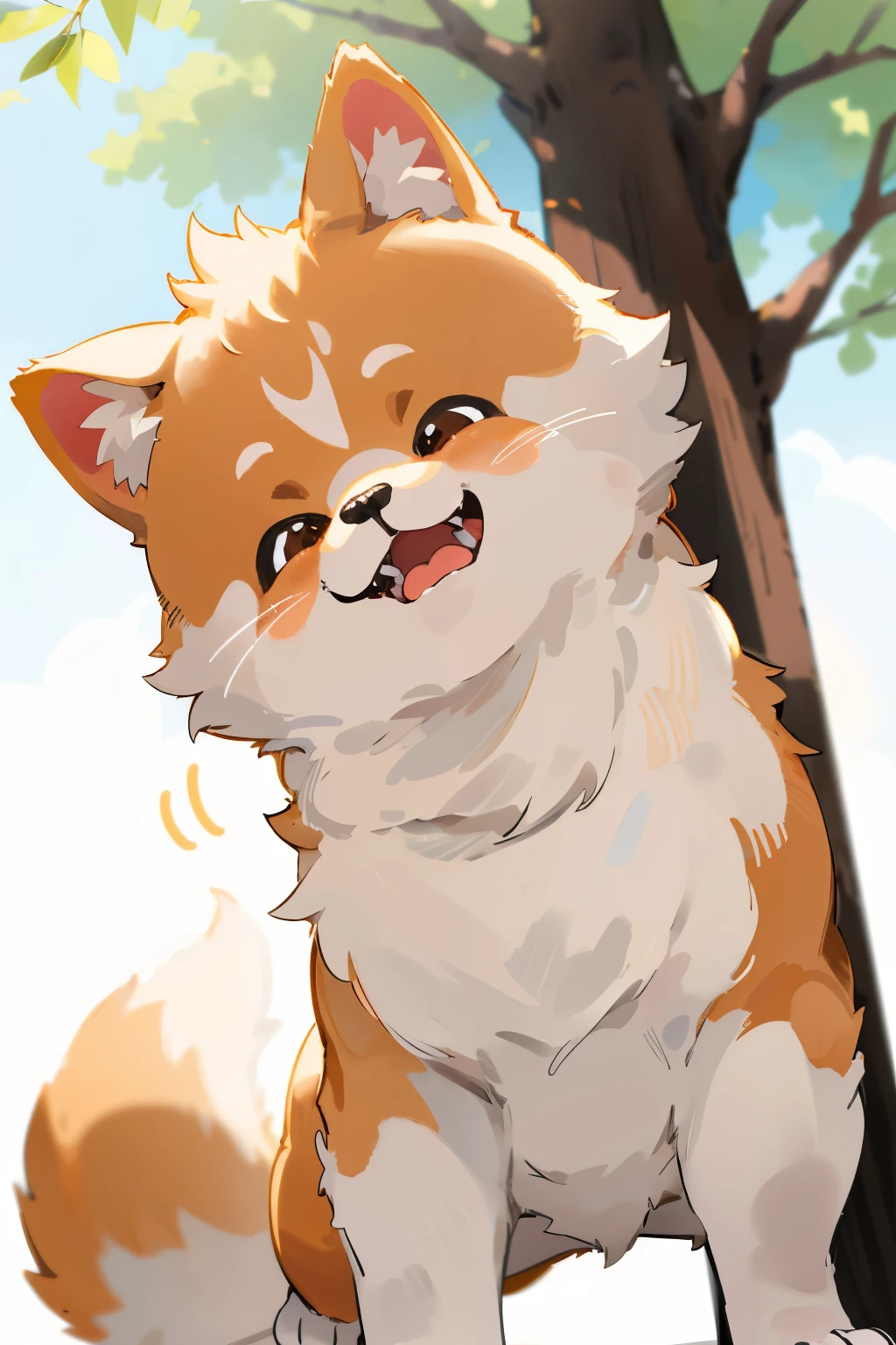 Adorable Shiba Inu dog sitting pretty, Round eyes gleaming with mischief,One small Shiba Inu breed,Sniffs the ground intently,Looks up with a playful grin,Barking happily,Wagging tail,Fluffy white fur,Cute SHIB Inu,Close up shot,Pointing paw,Loyal companion,Big floppy ears,Tethered to a tree,Golden collar,Shiny black nose,Watchful gaze,Wagging tail again,(High resolution 4K),(Best quality),(Tmasterpiece),(Emotionally captivating)