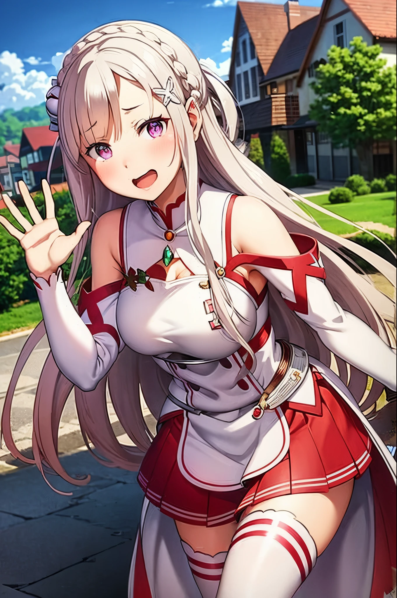 anime girl in a red and white outfit walking down a street, Emilia re:zero, purple eyes, Emilia, crown braid, x hair ornament, flower hair ornament, white hair, very long hair, medium breasts,