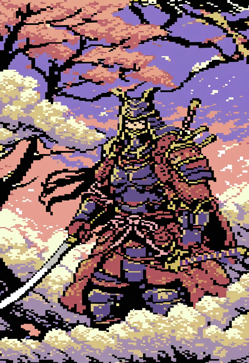 A captivating pixel art illustration of a stoic Japanese samurai, standing tall in his traditional armor with his katana drawn and the blade glowing. The samurai's armor is intricately detailed, featuring ornate patterns that emphasize the honor and dedication of his warrior spirit. The background is a serene scene of cherry blossom trees, with delicate pink petals gently falling around the samurai. The color palette utilizes nostalgic, retro tones that bring a sense of warmth and nostalgia. Subtle shading adds depth and dimensionality to the artwork, enhancing the overall composition.