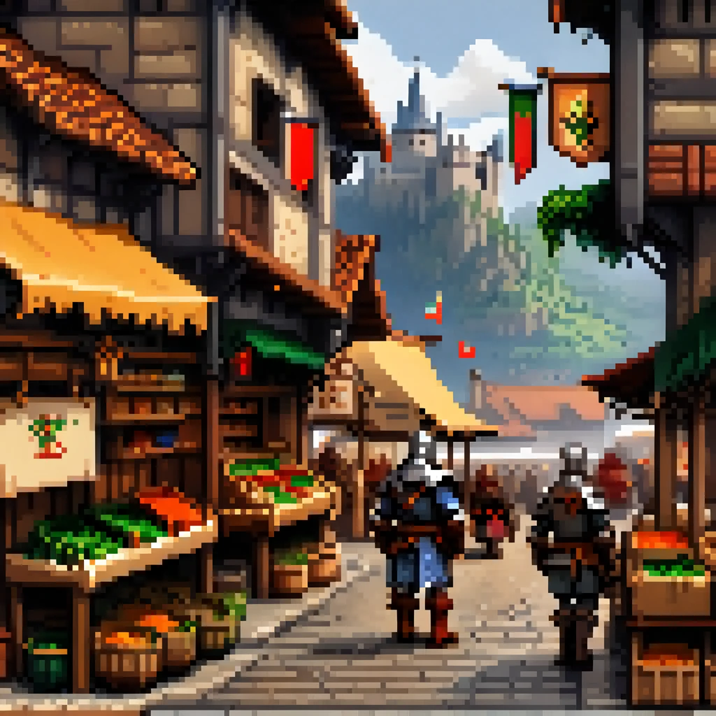 Pixel Art, Pixel art scene of a bustling medieval market, vibrant stalls, lively characters, realistic textures, attention to detail in every pixel, reminiscent of classic 16-bit RPG games, taken with a Nikon D3, Focal length 35mm HD 2D Pixel Art :: Pixel style :: Pixels