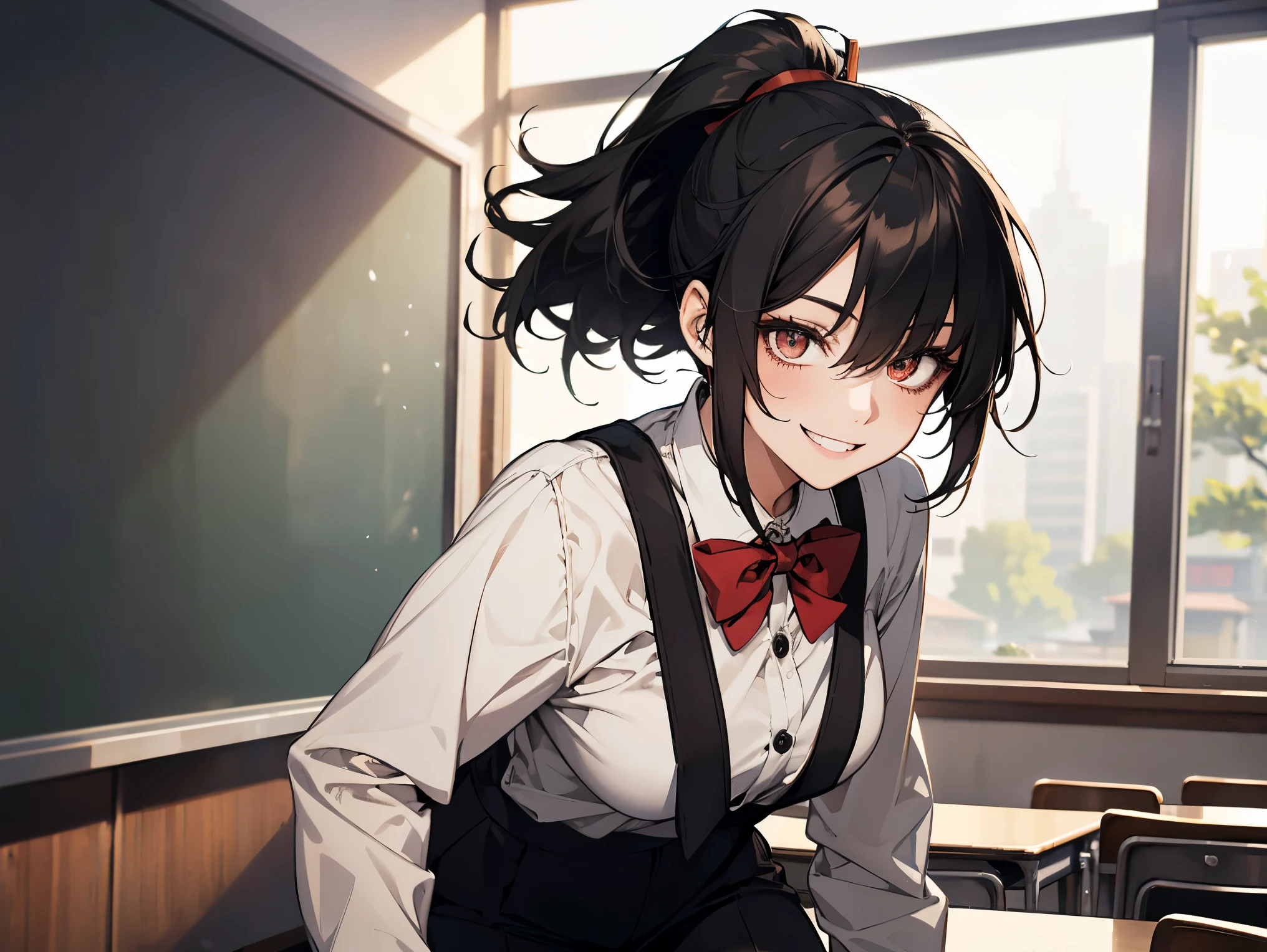 1 female, teacher, wearing white shirt, black suit, black long pants, black hair, short hair, ponytail, brown eyes, red bowtie, Smiling with anime teeth, face to detail, detailed eyes, the background classroom in china