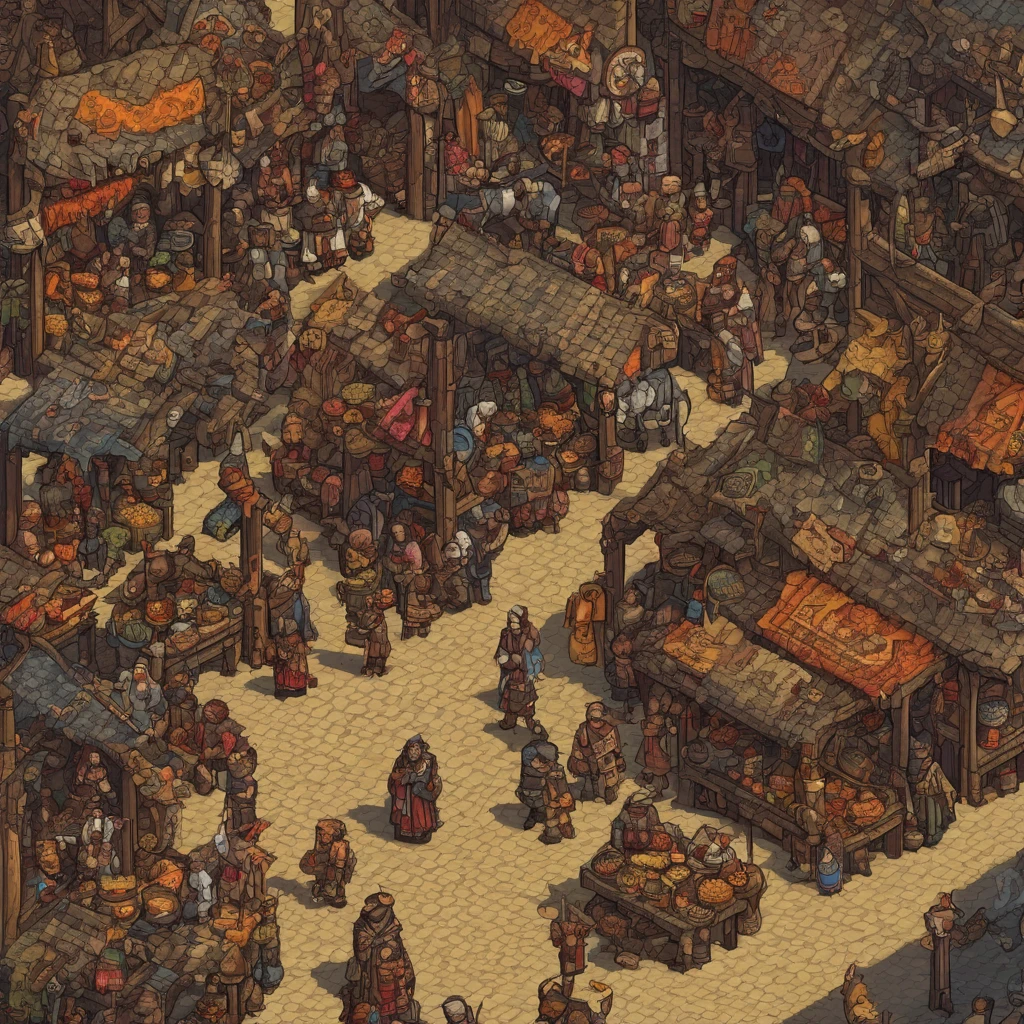 Pixel Art, Pixel art scene of a bustling medieval market, vibrant stalls, lively characters, realistic textures, attention to detail in every pixel, reminiscent of classic 16-bit RPG games, taken with a Nikon D3, Focal length 35mm HD 2D Pixel Art :: Pixel style :: Pixels