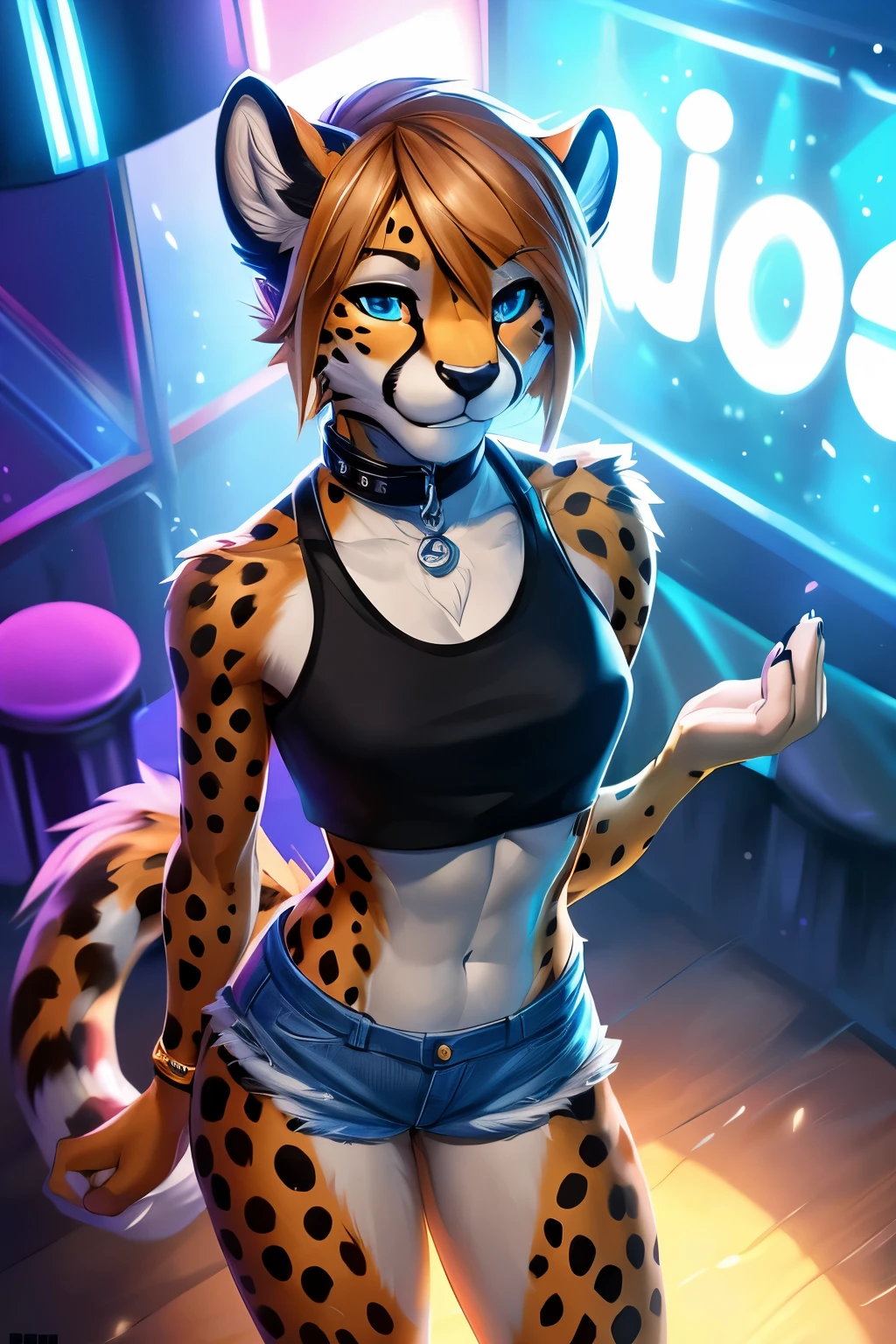 solo anthro, portrait, flat abs, medium hips, medium breasts, orange and white lynx, wearing an x-shaped pet walking harness, Furry Fantasy Art, Anthro Art, Furry Art, POV furry Art, masterpiece 1.21, best quality, detailed image, bright colors, detailed face, perfect lighting, perfect shadows, perfect light blue eyes, girl focus, flawless face, gorgeous body, center focus, full body, detailed fur, balanced coloring, global illumination, looking at viewer, standing pose, cute look, in a play room,