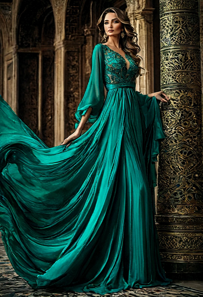 Araffed woman in turquoise dress,Dark turquoise dress, ornate dark turquoise clothing, flowing dress, turquoise dress, dressed beautiful dress, Dark turquoise, Dark turquoise tones, elegant turquoise, beautiful flowing fabric, stunningly elegant, extravagant dress, stunning elegant pose, elegant evening dresses!, flowing dress, graceful and elegant.