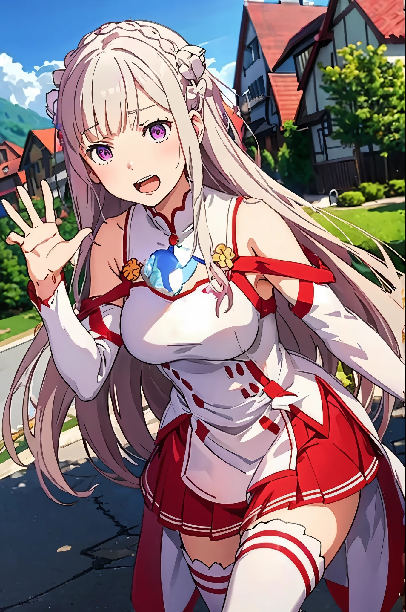 anime girl in a red and white outfit walking down a street, Emilia re:zero, purple eyes, Emilia, crown braid, x hair ornament, flower hair ornament, white hair, very long hair, medium breasts,