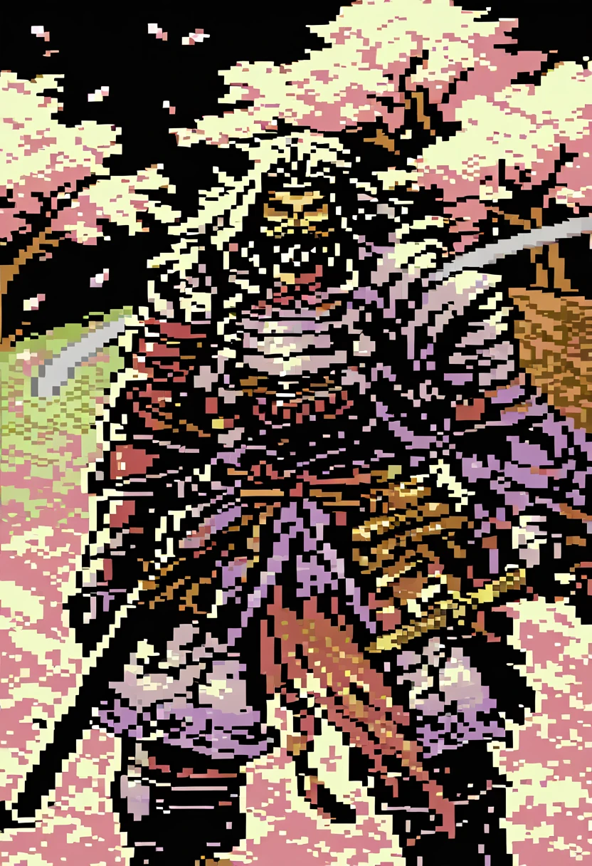 A captivating pixel art illustration of a stoic Japanese samurai, standing tall in his traditional armor with his katana drawn and the blade glowing. The samurai's armor is intricately detailed, featuring ornate patterns that emphasize the honor and dedication of his warrior spirit. The background is a serene scene of cherry blossom trees, with delicate pink petals gently falling around the samurai. The color palette utilizes nostalgic, retro tones that bring a sense of warmth and nostalgia. Subtle shading adds depth and dimensionality to the artwork, enhancing the overall composition.