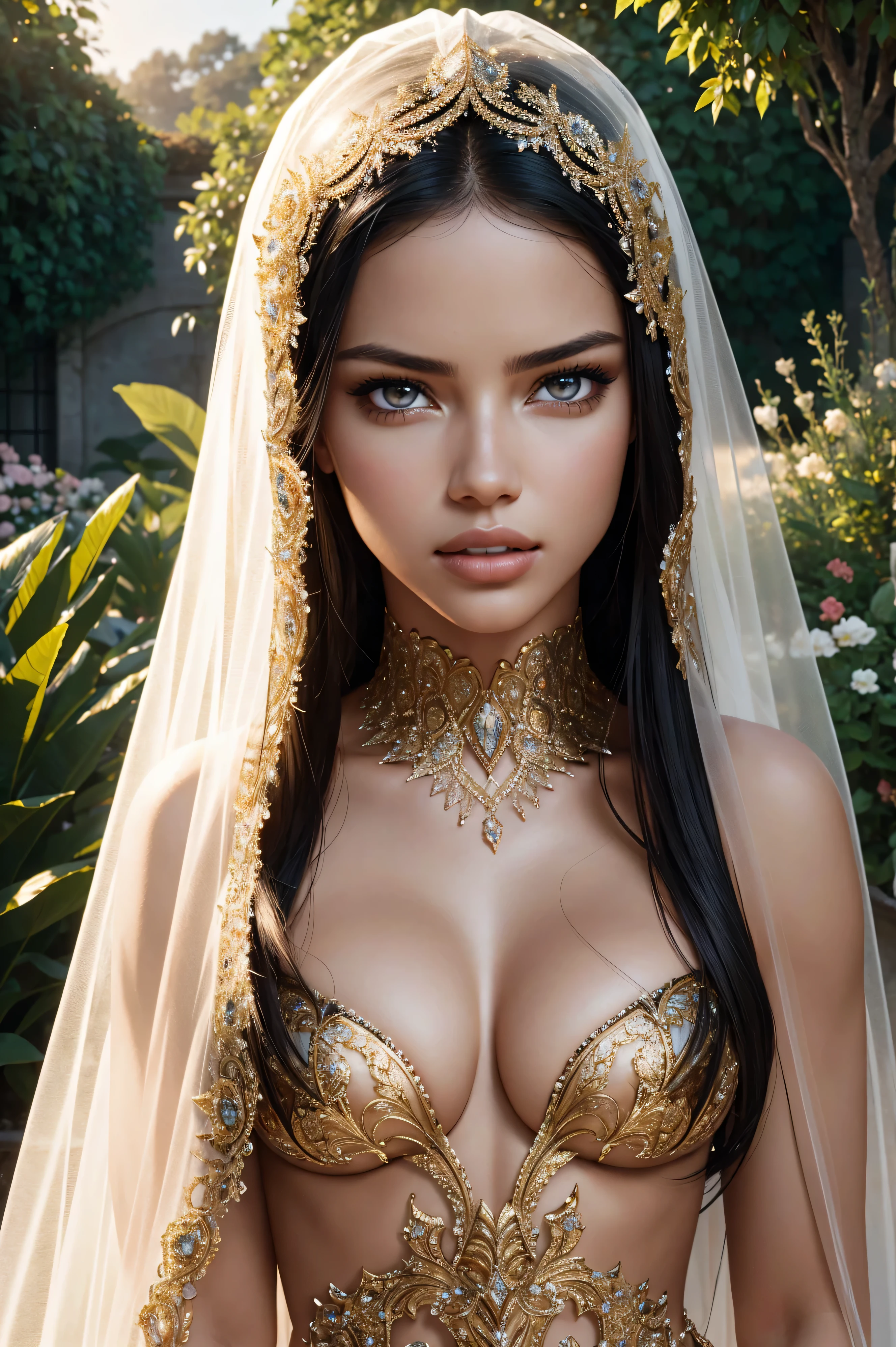 Adriana Lima, wearing veil bride nude gold costume transparent. professionally retouched, soft lighting, realistic, smooth face, perfect eyes, sharp focus on eyes, 8 k, high definition, insanely detailed, intricate, elegant. against the background of the garden.
