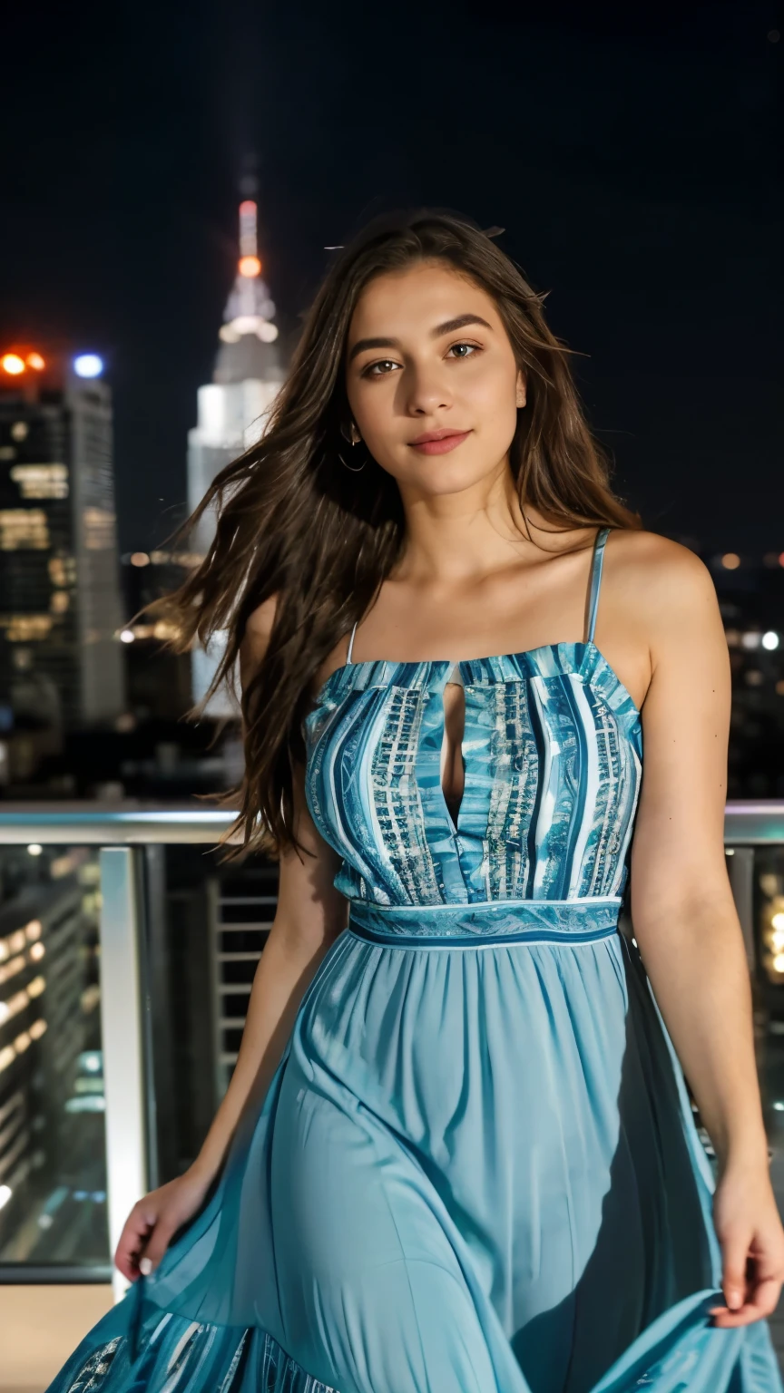 A stunning 25-year-old girl, influencer, rocking the flowy maxi dress, basks in the city lights at night. She stands confidently on a rooftop, showcasing the dress's movement with a slight breeze. Dynamic close-up shot captures her playful energy and the breathtaking city lights reflected in her eyes. Hyper-realistic, cinematic lighting with a focus on the dress's flow, cinematic quality. (( perfect face, cute face))