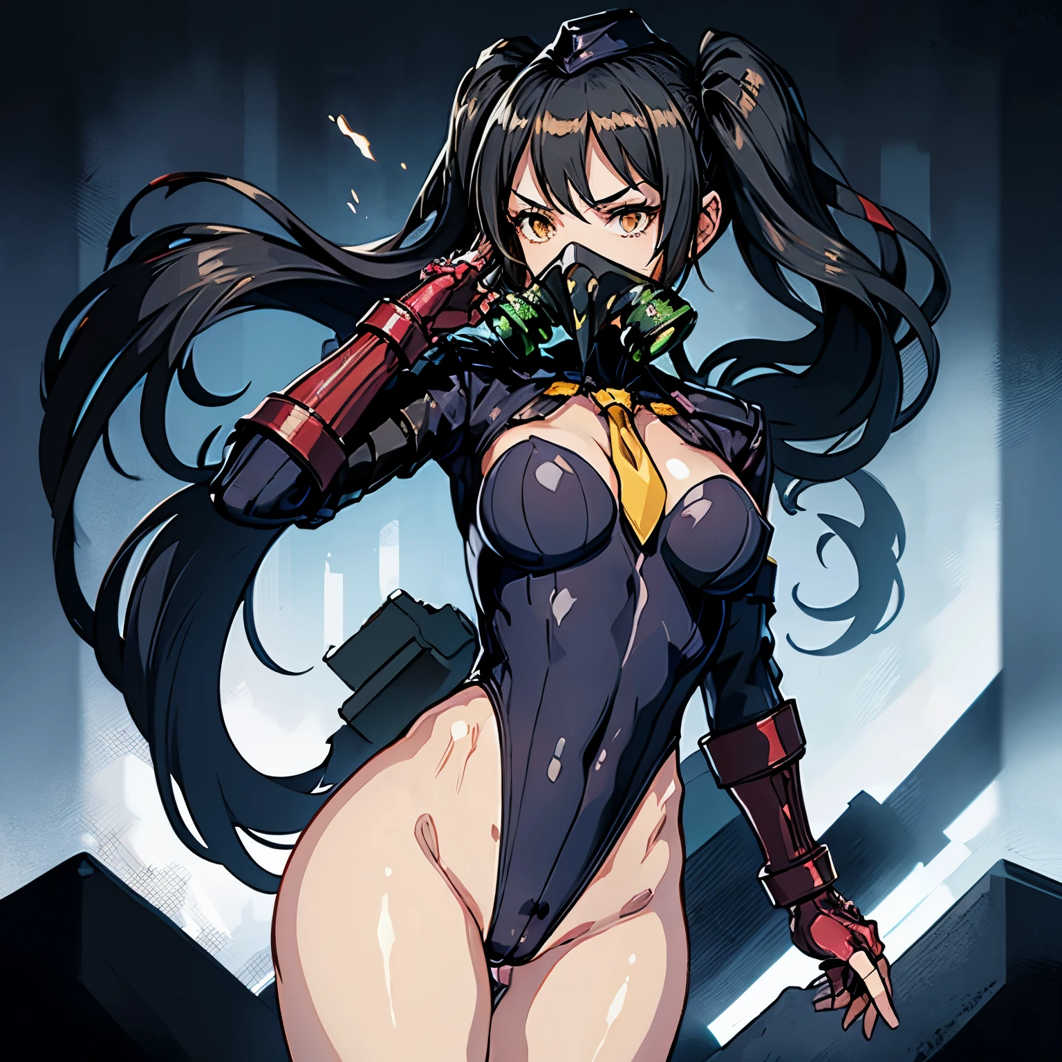 ultra-detailed, Explicit, Beautiful body, Beautiful Nose, Beautiful character design, perfect eyes, perfect face, ultra highres, 4K, beautiful legs, perfect legs, Nice hands, Perfect hand, Masterpiece, Best Quality, Highly detailed, illustration, absurdres, perfect anatomy, street fighter, doll suit, shadaloo doll, dollsuit, expressionless, blank eyes, looking at viewer, red gloves, emotionless, black latex, corrution, mind control, female combatant, full body, hypnotized, unhappy trance, full body suit, ribbed bodysuit, both arms at side, obey, perfect female body, extremely glossy latex, hypnosis, hypnoLora, empty eyes, Mind control device, poses, submissive_pose, Slave, standing straight, standing, standing at attention, hat, necktie, belt, latex, ribbed bodysuit, thighhighs, garter belt, Fighting Stance, extending the right arm from the shoulder into the air with a straightened hand, military, thigh boots, black pantyhose, (((pixel-perfect, detail-perfect))), solo, 1girl, hair ornaments, long hair, black hair, hair ribbon, yellow eyes, Scarecrow, Girls' Frontline, medium breast, twin tails, (((gas mask))), ScarecrowGasmask, sangvis ferri, saluting, salute, military saluting