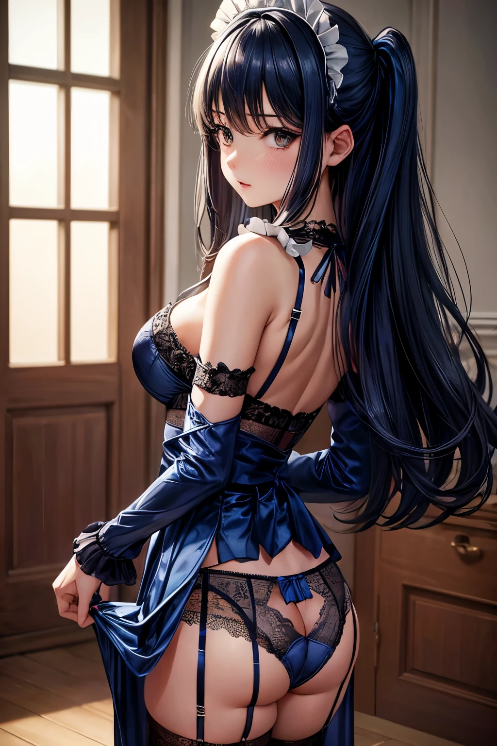 the woman is wearing a Maid clothes standing up on the floor, solo, panties, underwear, skirt, (Shiny dark blue satin lace panties:1.3)、panties that cover the butt、garter belt, lying, thighhighs, skirt lift, looking back, realistic
