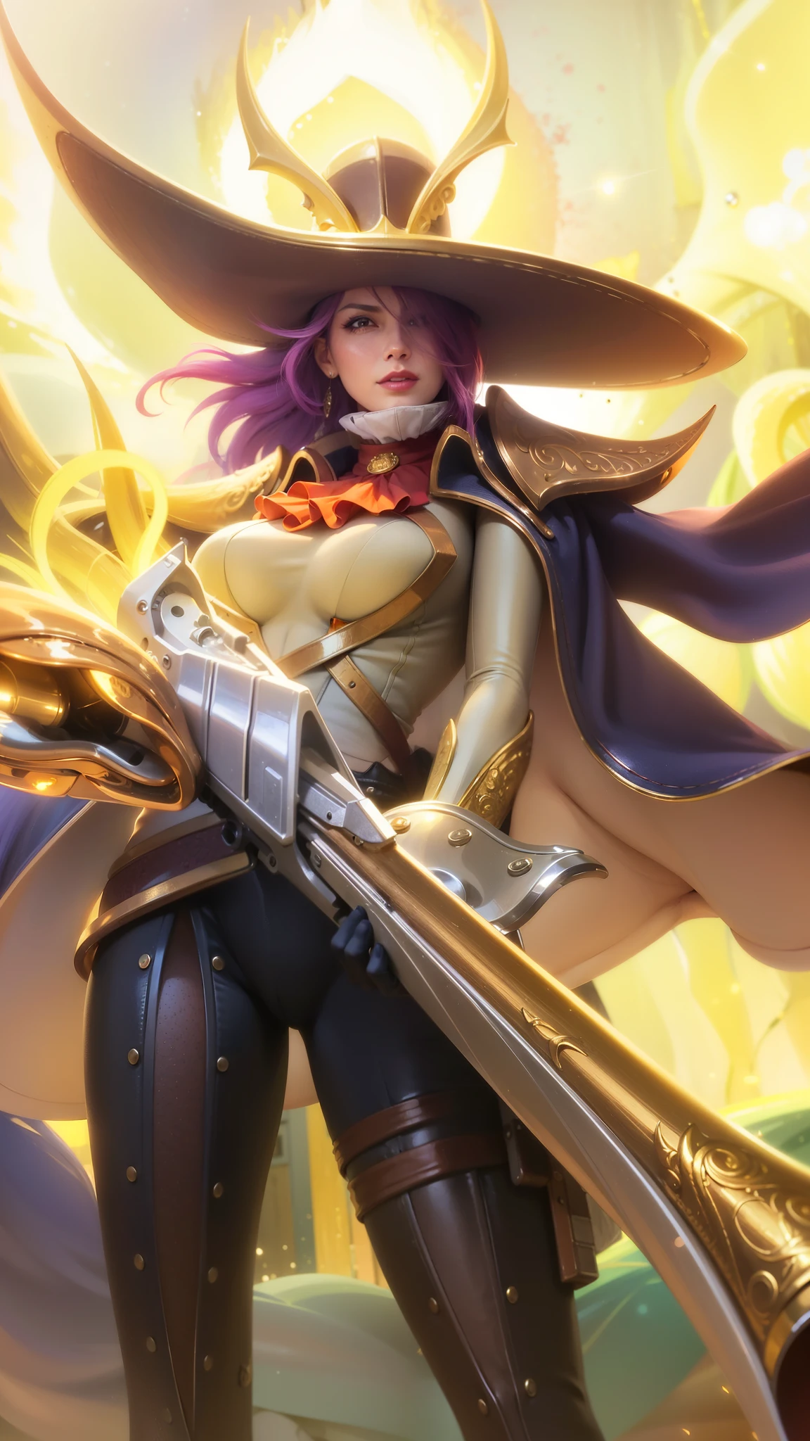 a close up of a woman with a gun in her hand, purple long hair, red lips glossy, 8k, ultra hd, ultra detailed texture, hyper realistic, masterpiece, detailed texture, detailed face, detailed skin, detailed lighting, (photorealistic:1.5), best quality, beautiful lighting, cinematic lighting, professional lighting, ultra highres, realistic, detailed hair, real hair, high quality, (realskin:1.5), extremely detailed, finely detail, ultra-detailed, smile