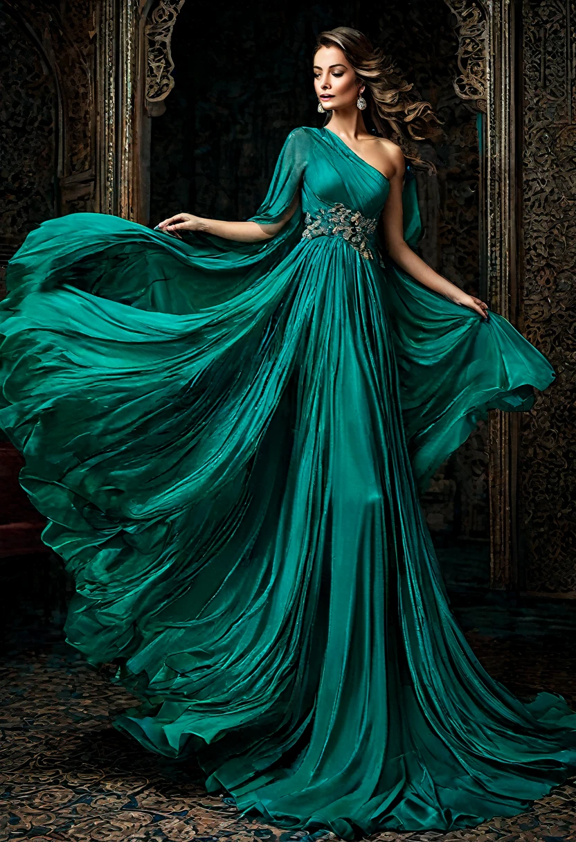 Araffed woman in turquoise dress,Dark turquoise dress, ornate dark turquoise clothing, flowing dress, turquoise dress, dressed beautiful dress, Dark turquoise, Dark turquoise tones, elegant turquoise, beautiful flowing fabric, stunningly elegant, extravagant dress, stunning elegant pose, elegant evening dresses!, flowing dress, graceful and elegant.