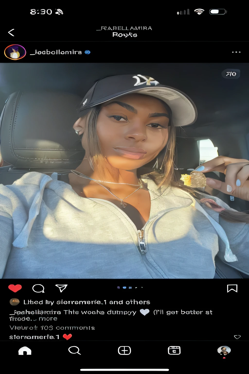 araffe instagraming of a woman in a car with a baseball cap, taken in the early 2020s, without makeup, wearing a fisher 🧥, violet myers, eating garlic bread, wears a egyptian ankh necklace, she has olive brown skin, sitting in her car, ashy, wears a light grey crown, madison beer