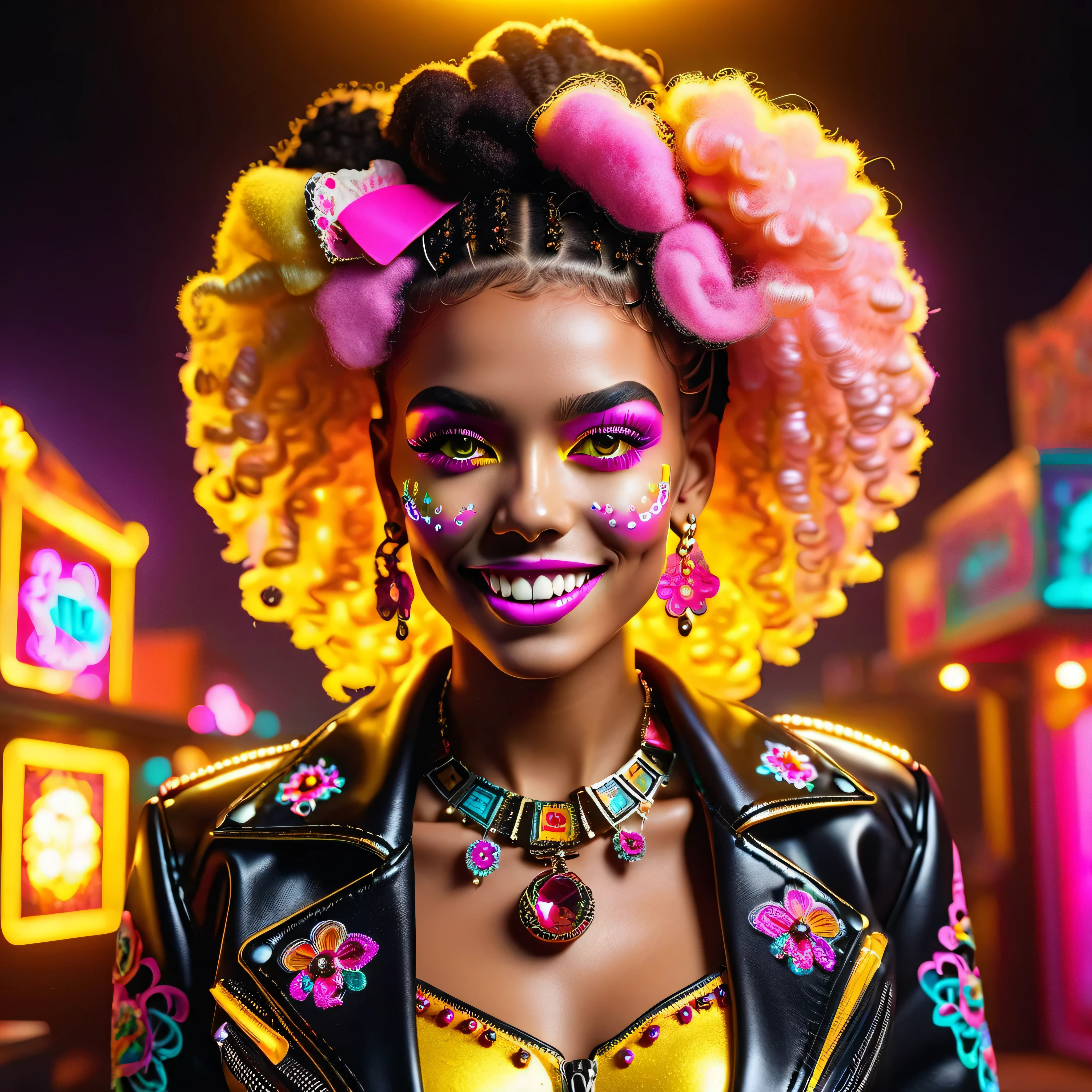 African Retro Dance Stage gorgeous pin up emo Amber (Afro short-bulb dreads frange pink epic brights eyes Ultra-detailed eyes) (gorgeous sassy it girl) fancy jewelry onyx (((magical Lys ❤top❤ pearl spinel hard-leather opal jacket tiny chest))) (perfect BridalDress "Dia De Los Muertos" Style symmetrical meticulously intricate textile shading) ((retro style, vibrant Yellow-Saffron trousers, paired flawlessly with a striking Tape logo❤ patch-detail ❤belt❤, y2k)) ((striking a pose)) (((max Best Quality))) (((tmasutepiece))) (((Ultra-detailed CG epic unrealengine5))) full glow on background sparkling led retro vibe light tourmaline, light retro laser magic disco light led strong_80s_atmosphere (DiscoBall-Earth : Globe-Hearth), cowboy smile shot teeth, midshot, centered image, absolutely outstanding equirectangular deep path beholder skeleton glow eyes beholder, ultra high-resolution, ultra high-definition, UHD, HDR, saturate, reflection, varied multi etc. --v6 --s1000 --c20 --q5 --chaos100