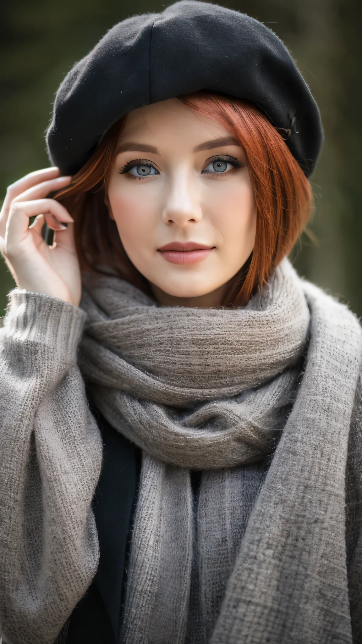 25 year old young European woman, lange rote Haare, Rothaarige, rostrote Haare, Winterwald, Schnee, Wintermantel, natural skin structure, 24mm, 4K-Texturen, weiches Kinolicht, Fotolabor, HDR, kompliziert, elegant, sehr detailliert, scharfer Fokus, soothing tones, crazy details, kompliziert Details, hyperdetailliert, geringer Kontrast, weiches Kinolicht, muted colors, Belichtungsmischung, HDR