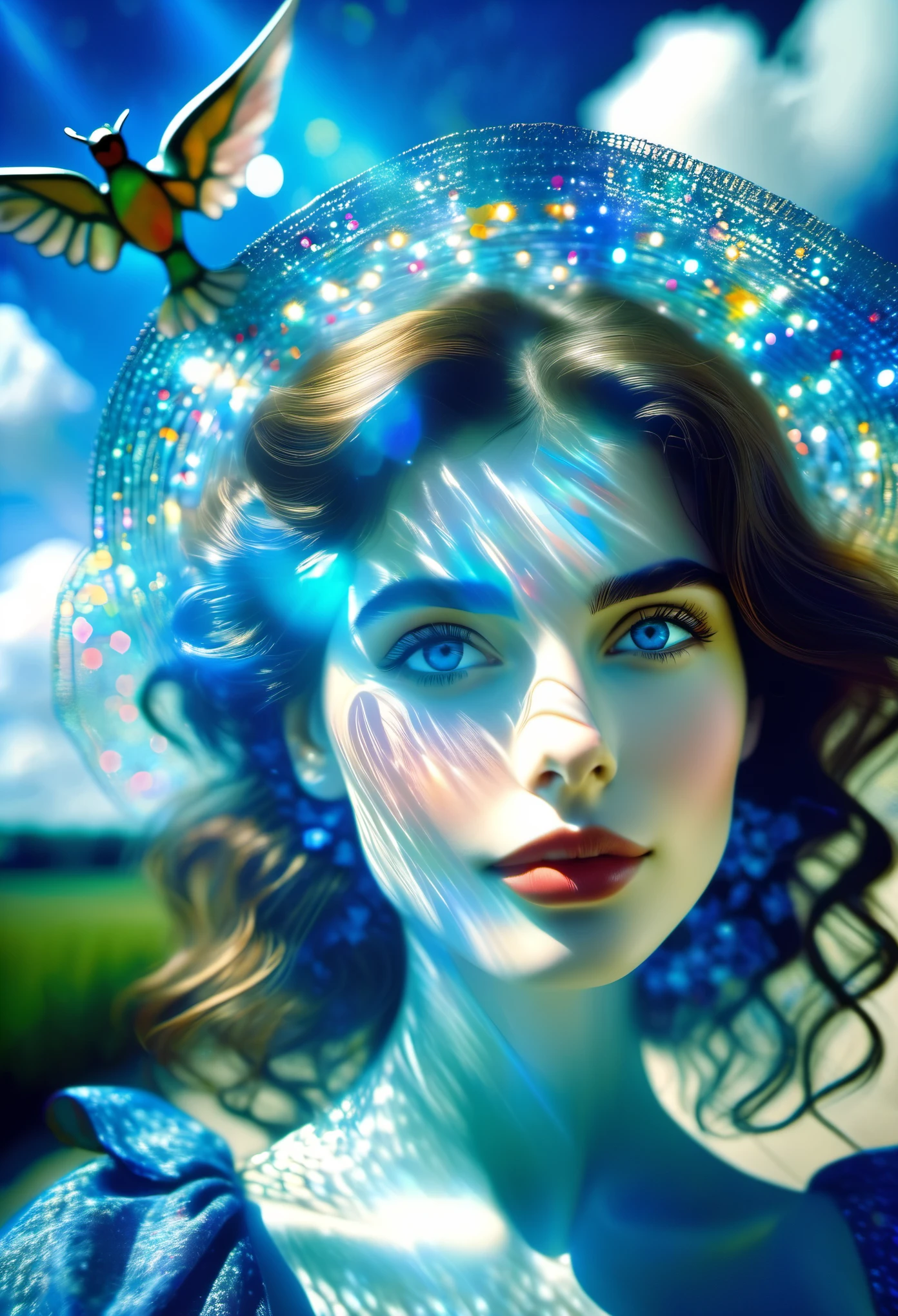 beautiful eyes, 1girl, solo, outdoors, blue sky, cloudy, bokeh, lens flare, anamorphic lens flare, depth of field, seductive face, seductive smile ((Marc Chagall style)), magical naive art, primitivism, protogenes,((Best quality, masterpiece)),
(Higher detail), Impressionism:1.1, 8k