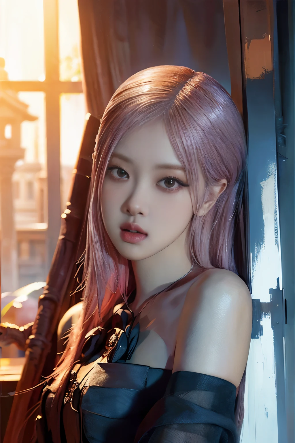 Rose from blackpink, pink hair, (full body), (best quality,4k,8k,highres,masterpiece:1.2),ultra-detailed,(realistic,photorealistic,photo-realistic:1.37),a girl in casual clothes in a throne hall, a fantasy portal in the background, light white-golden colors, detailed eyes and lips, long eyelashes, beautiful detailed face, realistic posing, studio lighting, vivid colors, sharp focus, ultra-fine painting, professional, portraits