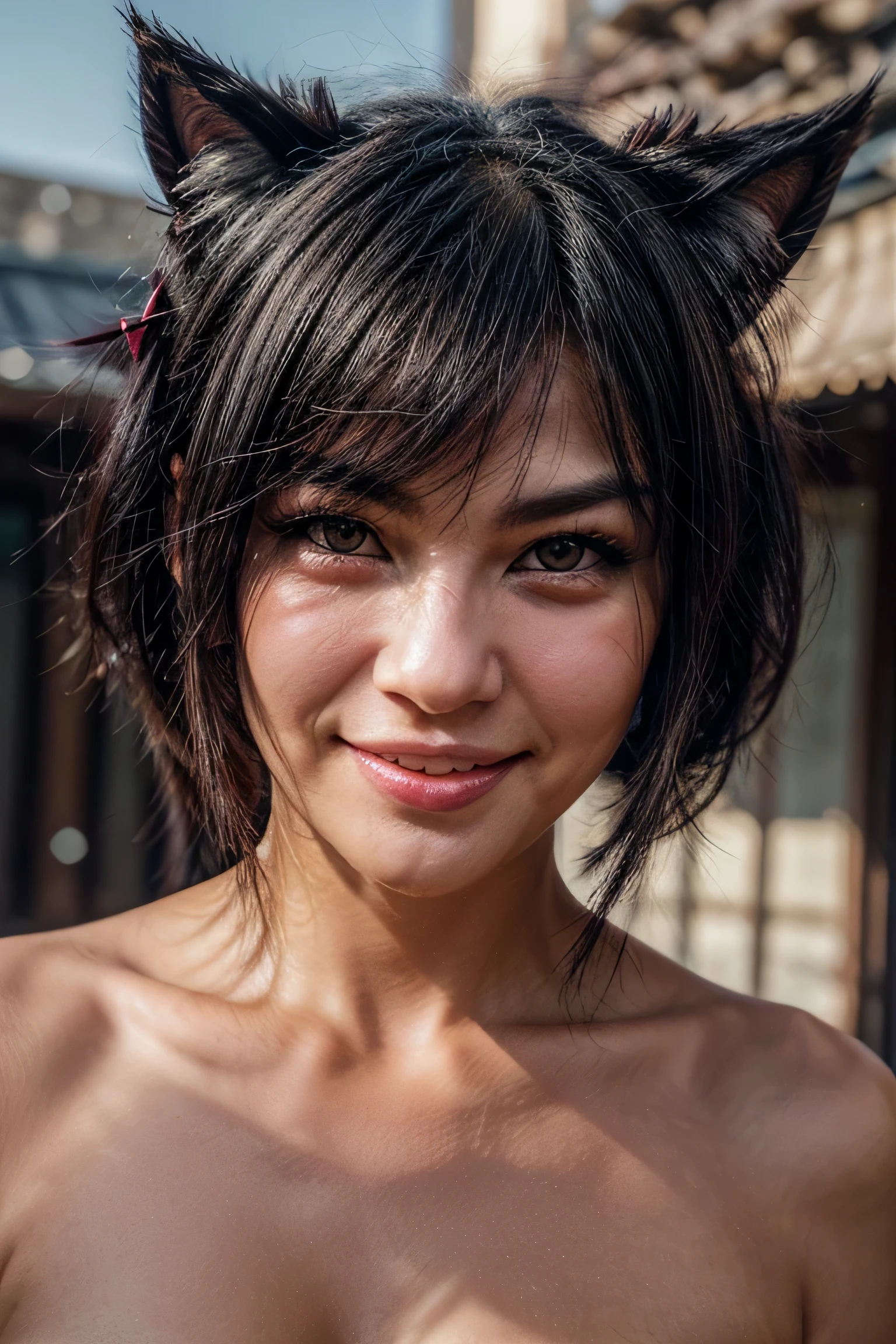 black hair, wince, longeyelashes, solid circle eyes, fake animal ears, light smile, ear blush, fang, hair ears, naughty face, Surrealism, drop shadow, anaglyph, stereogram, tachi-e, pov, atmospheric perspective, 8k, super detail, ccurate, best quality, open mouth