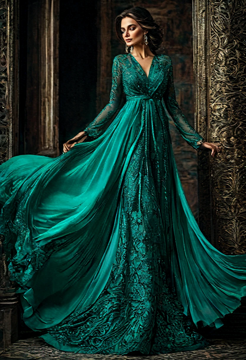 Araffed woman in turquoise dress,Dark turquoise dress, ornate dark turquoise clothing, flowing dress, turquoise dress, dressed beautiful dress, Dark turquoise, Dark turquoise tones, elegant turquoise, beautiful flowing fabric, stunningly elegant, extravagant dress, stunning elegant pose, elegant evening dresses!, flowing dress, graceful and elegant.