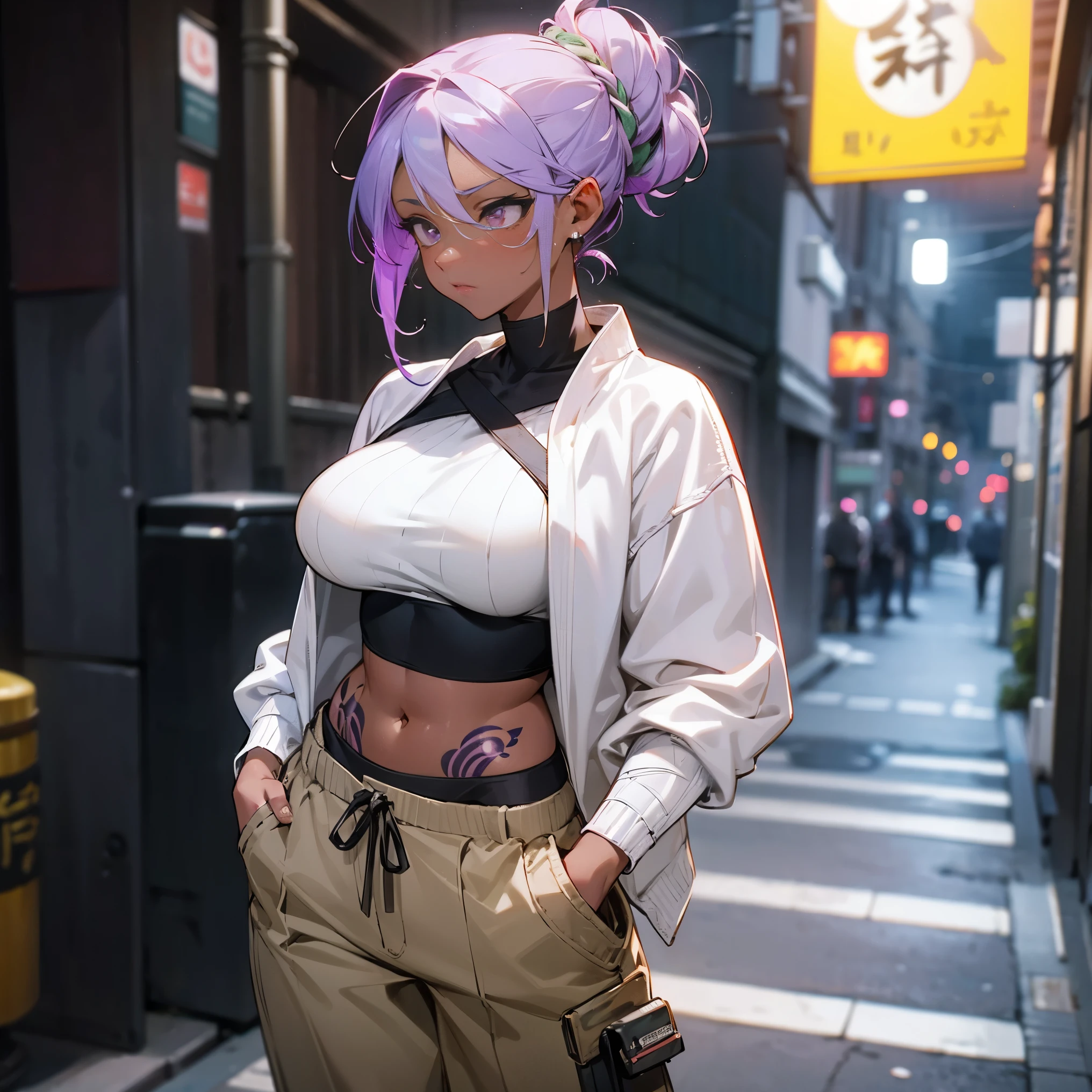 1female, adult, dark skin, big breast, sexy, tan skin, finely detailed lavender eyes, medium messy braided bun, two tone hair, seashell white and lavender ombré hair color, undercut, loose open crop top sweater, loose baggy pants, bionic arm, hands in pockets, walking down alley, night, somber expression, tokyo, serious, tattoos