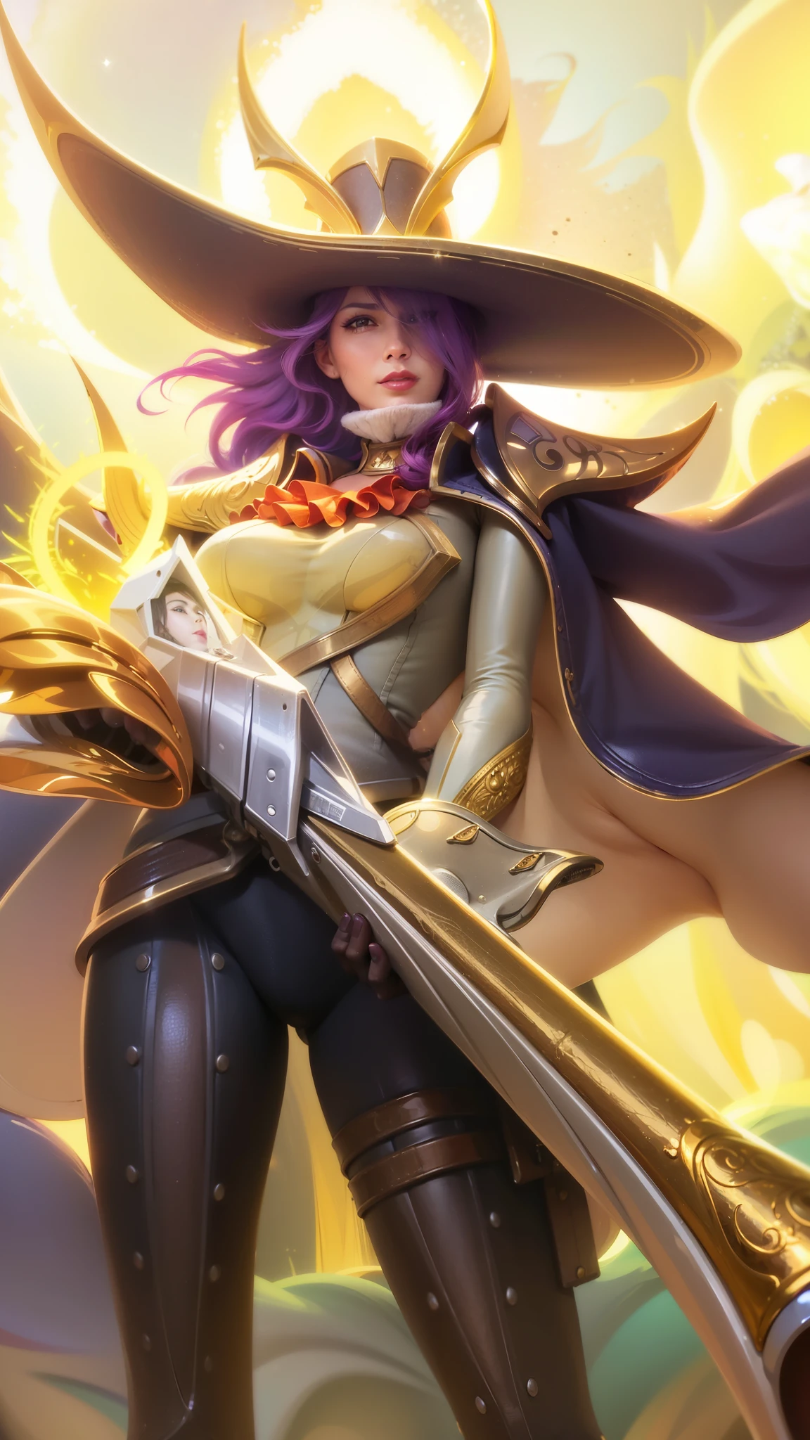 a close up of a woman with a gun in her hand, purple long hair, red lips glossy, 8k, ultra hd, ultra detailed texture, hyper realistic, masterpiece, detailed texture, detailed face, detailed skin, detailed lighting, (photorealistic:1.5), best quality, beautiful lighting, cinematic lighting, professional lighting, ultra highres, realistic, detailed hair, real hair, high quality, (realskin:1.5), extremely detailed, finely detail, ultra-detailed, smile