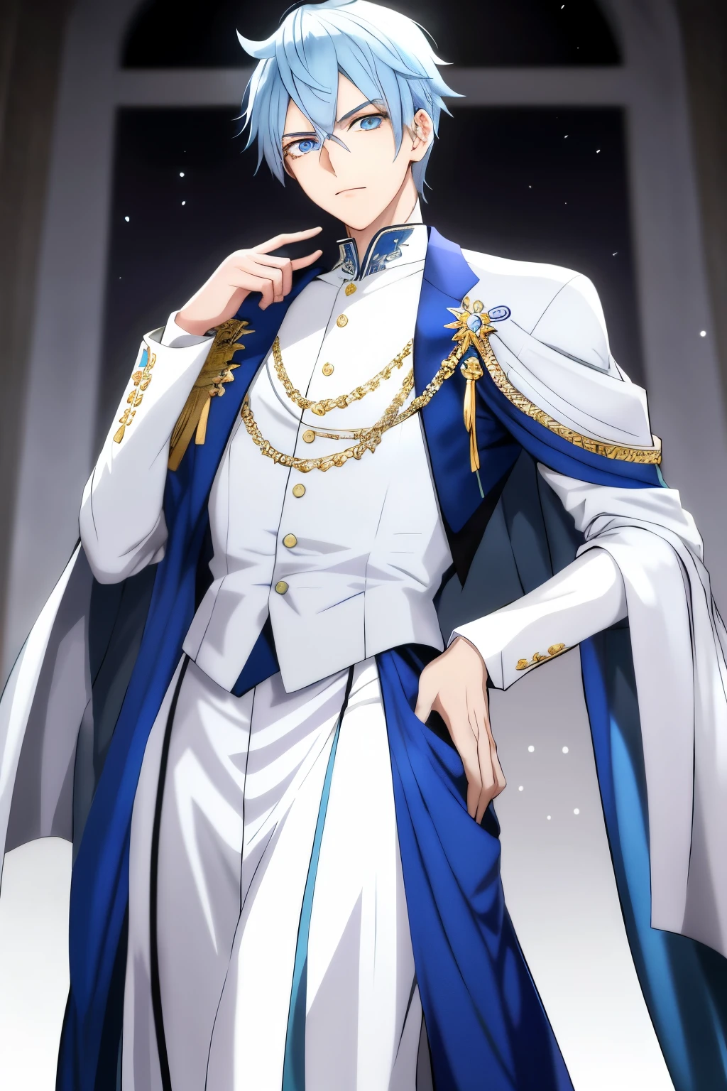 Anime boy with light blue hair and sharp, beautiful blue eyes poses confidently in a royal outfit style, adorned with intricate details on a high-quality, white background. His pale skin complements the luxurious attire, as he casts a captivating gaze, bringing the exquisiteness of the scene to life.