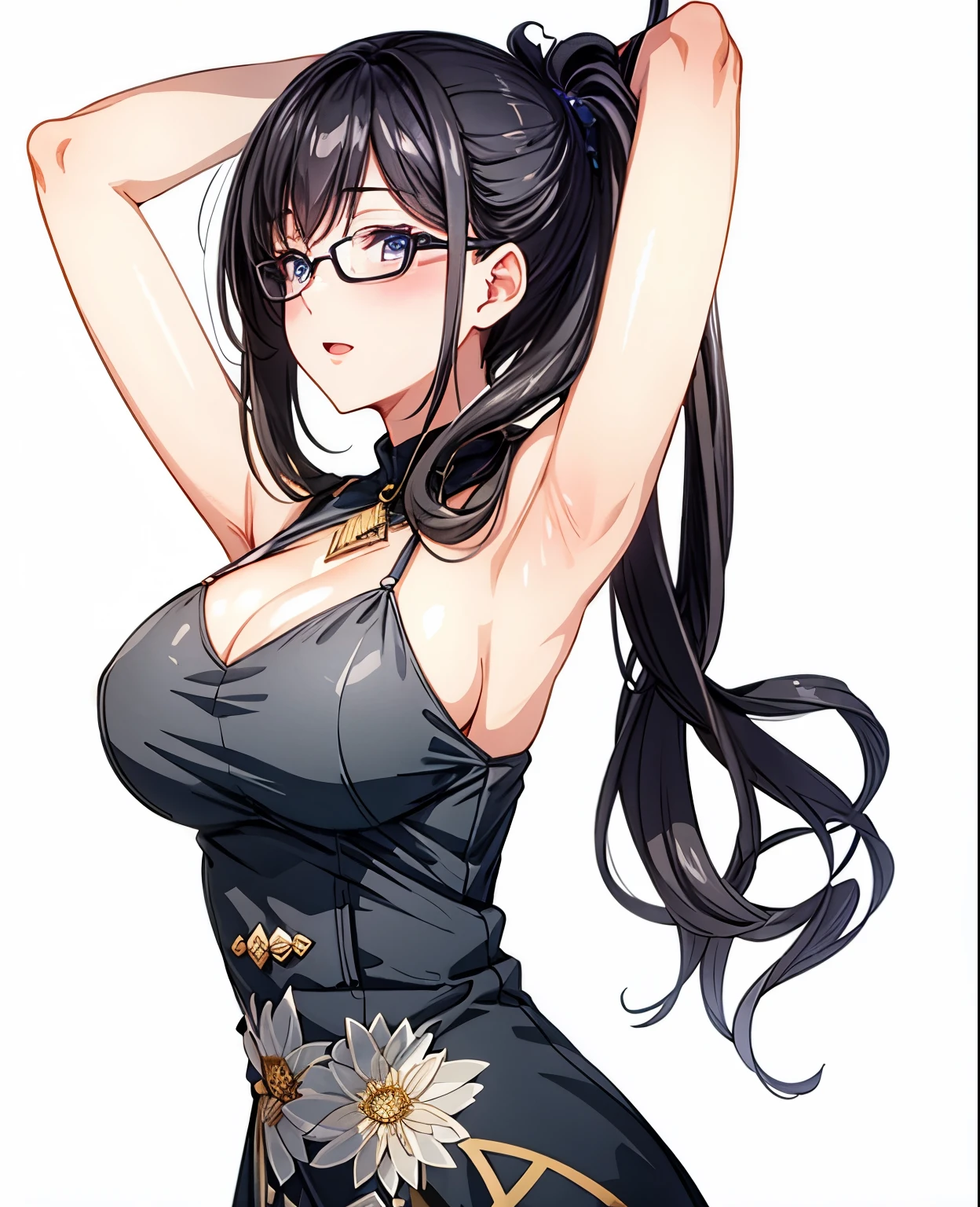 1 milf, ponytail hair, very big breasts, wearing glasses, wearing black dress