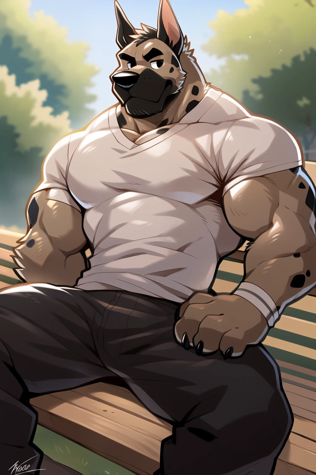 Author: Takemoto Arashi, (1 boy), Great Dane, One, Men's Antro, kemono, muscle, handsome, sexual, Attractive guy, (Detailed black eyes), browasterpiece, A high resolution, Best quality), 4k,  male Great Dane, dog portrait, beautiful shadows, In the park, sitting on a bench, shirt, trousers, 