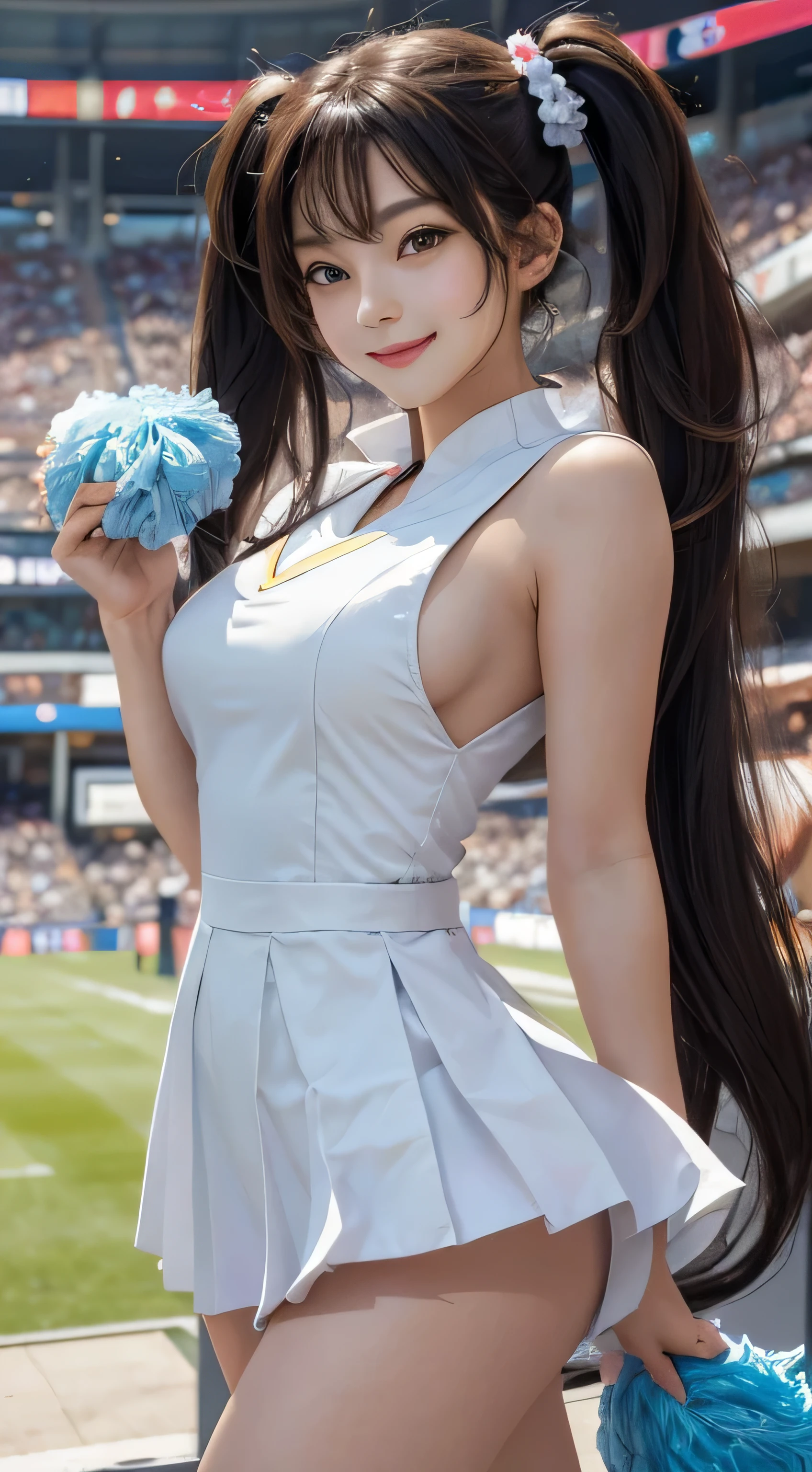 Holding a large pom-pom in each hand in a busy stadium、An Asian cheerleader from Arafed who poses dynamically with a bright smile.. In this close-up cosplay photo, She wears an elaborate anime costume, Showing off her slender figure and small breasts. RAW photo, Filmed in highest quality and 8K resolution, Highlight every detail in her professional photo, photographed in sharp focus. the sun shines on her, Emphasizes the dense depiction and depth of the twin tails and sailor uniform. Her bright personality shines through her beautiful face, like that of a supermodel., decorated with mary rose