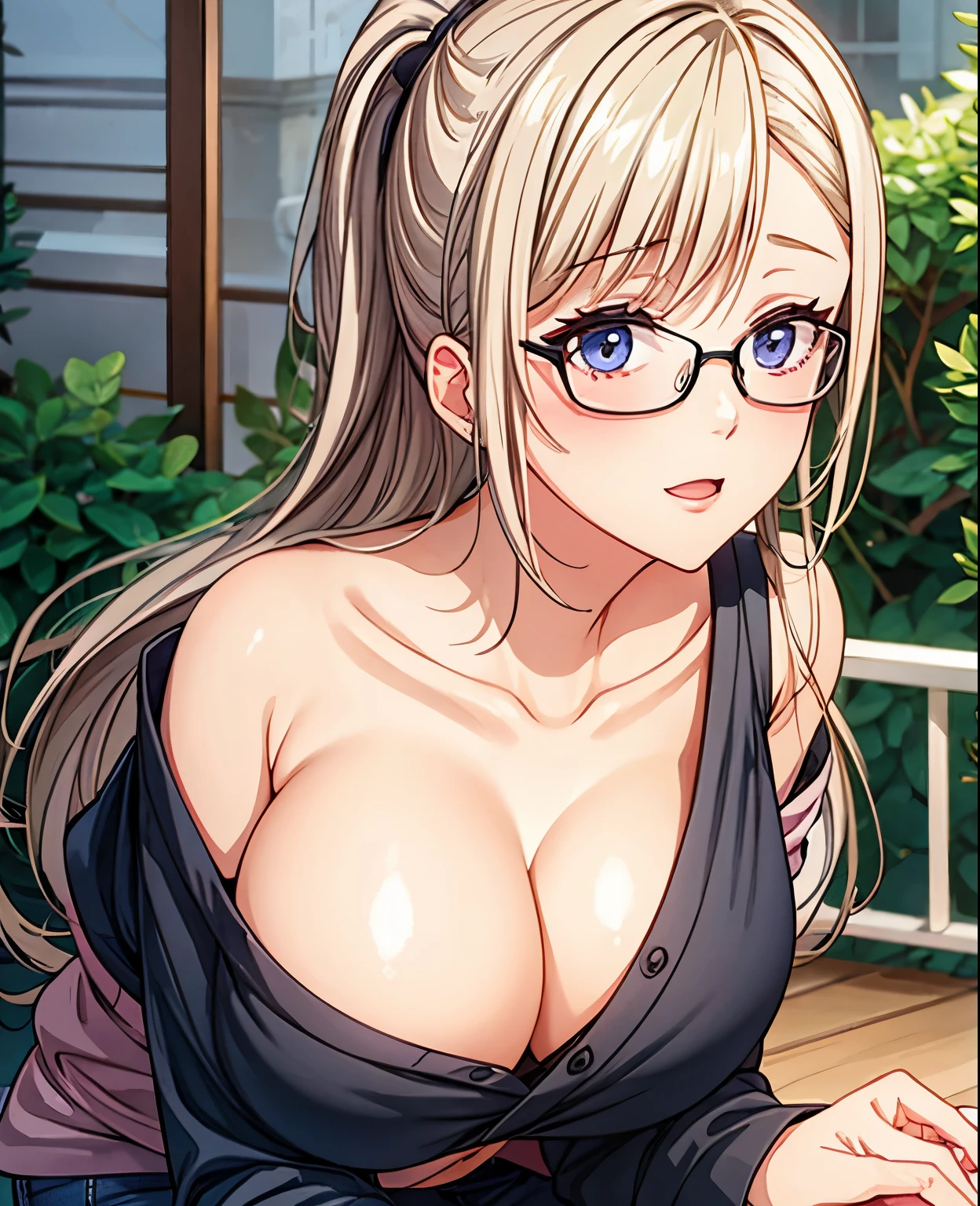 1 milf, ponytail black hair, very big breasts, wearing glasses