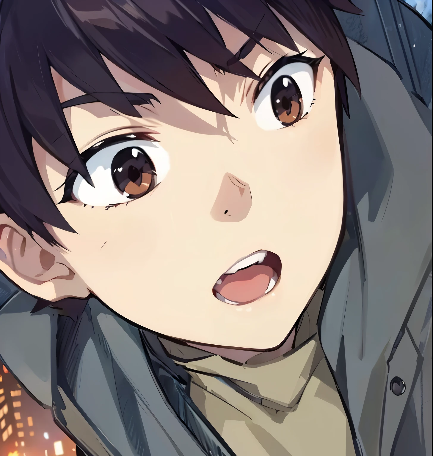 anime style, A guy squat at rooftop, outdoors, upper body, evil eyes, angry, brown eyes, devil, dark smoke, fire at city building, front view, focus on viewer, photo real, ultra detailed, masterpiece, ultra high quality, ultra high resolution, ultra realistic, ultra reflection, ultra lighting, detailed background, dramatic lighting, low key, dark tone, 8K