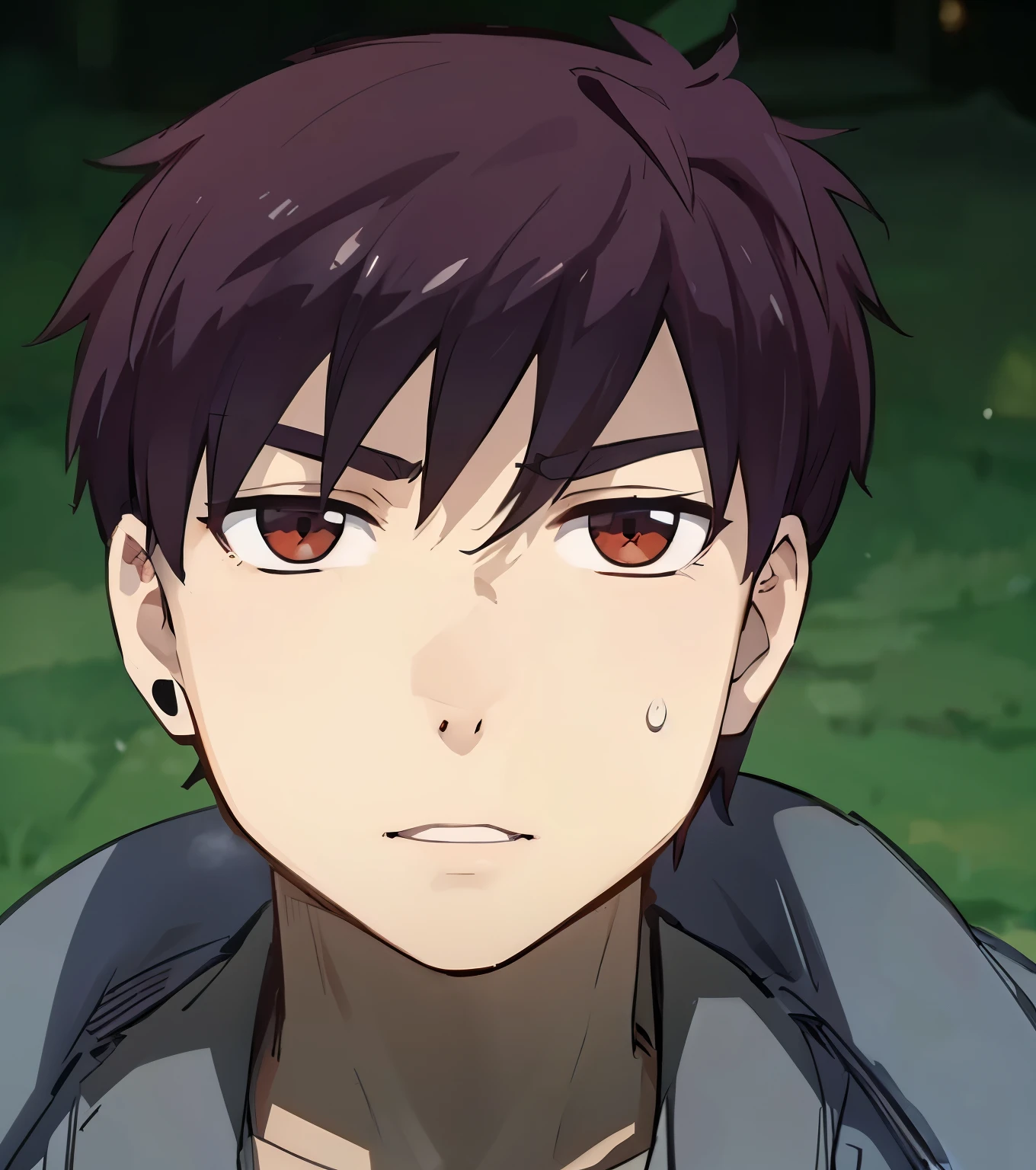 anime style, A guy squat at rooftop, outdoors, upper body, evil eyes, angry, brown eyes, devil, dark smoke, fire at city building, front view, focus on viewer, photo real, ultra detailed, masterpiece, ultra high quality, ultra high resolution, ultra realistic, ultra reflection, ultra lighting, detailed background, dramatic lighting, low key, dark tone, 8K