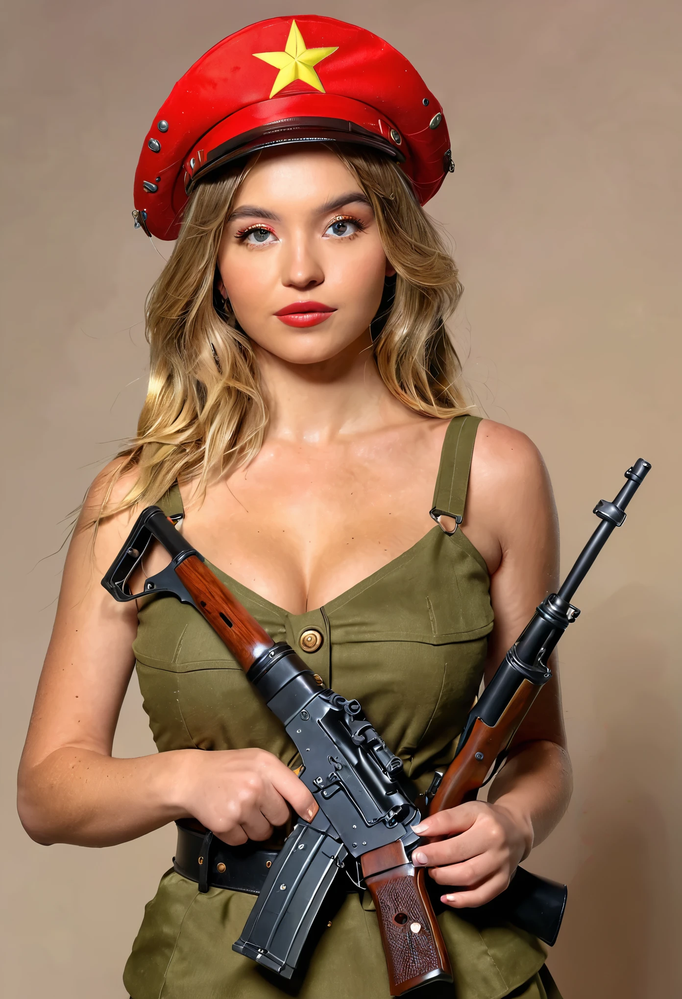 masterpiece, award winning, well detailed, solo, 1girl, professional full body photography of a beautiful ohwx woman wearing communist hat, holding an AK-47