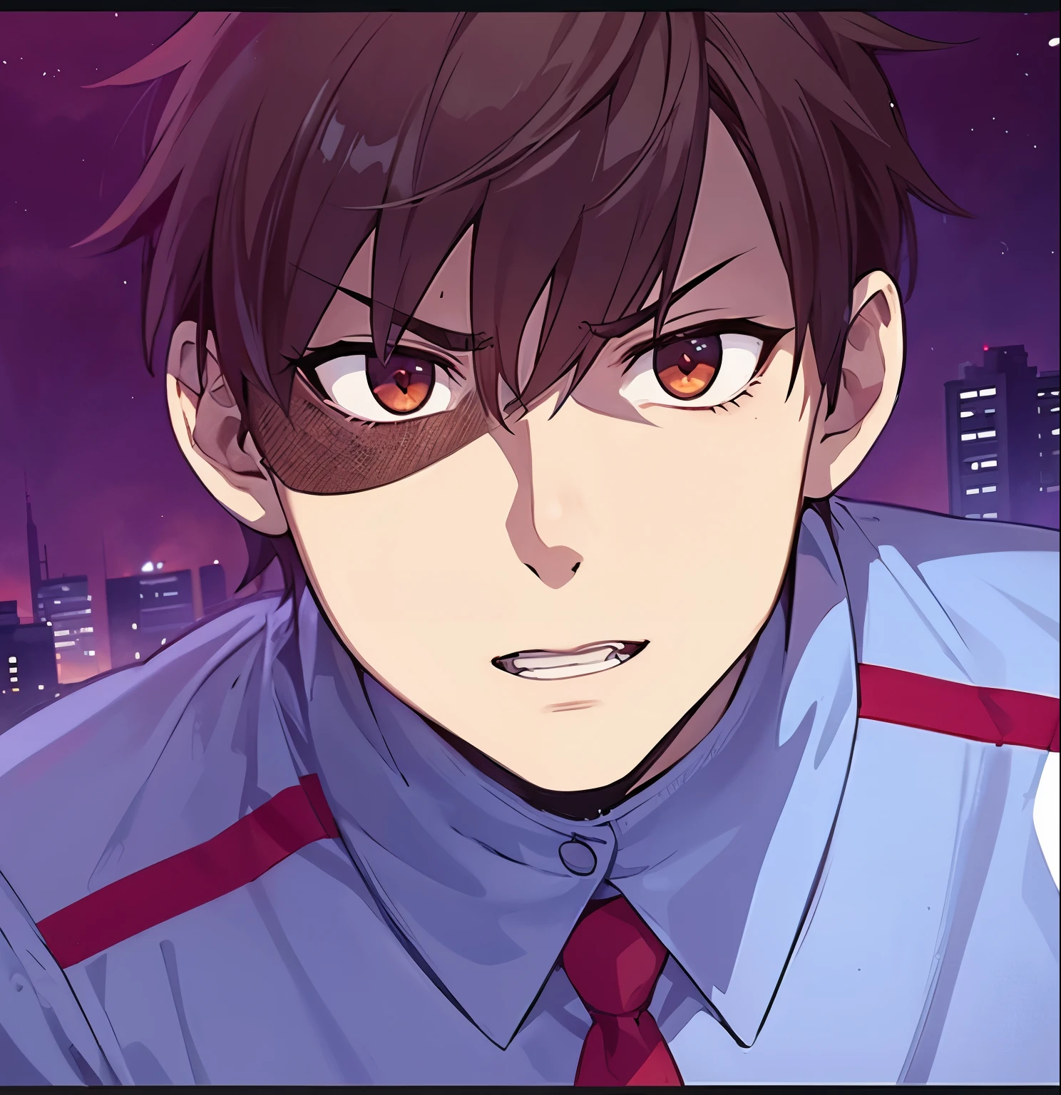 anime style, A guy squat at rooftop, outdoors, upper body, evil eyes, angry, brown eyes, devil, dark smoke, fire at city building, front view, focus on viewer, photo real, ultra detailed, masterpiece, ultra high quality, ultra high resolution, ultra realistic, ultra reflection, ultra lighting, detailed background, dramatic lighting, low key, dark tone, 8K