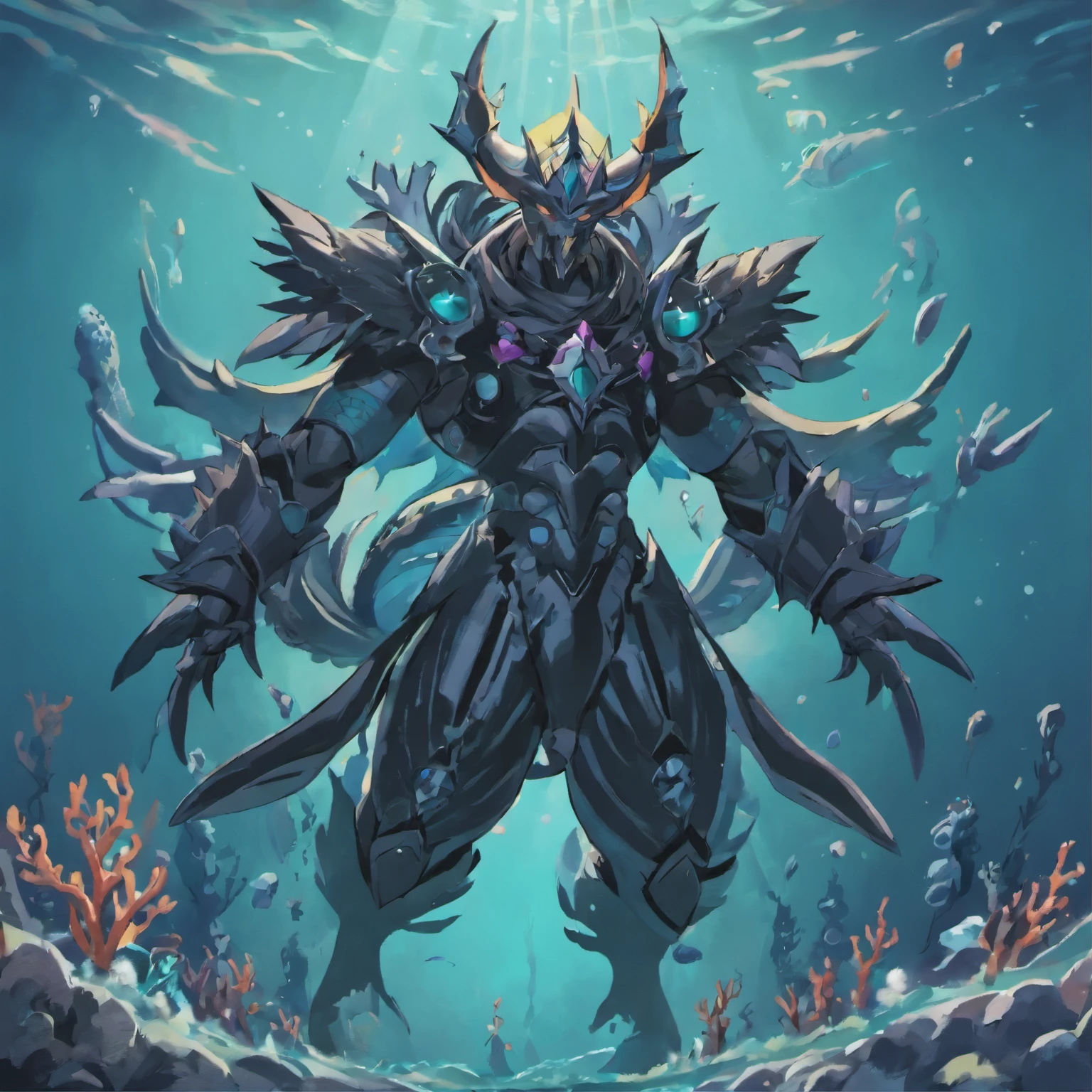 (deep sea monster:1.4),abyss,Yu-Gi-Oh Monster,(Based on marine life:1.3),{sea urchin:1.2},(Jet black knight armor:1.3)+(Armor covered with spikes)