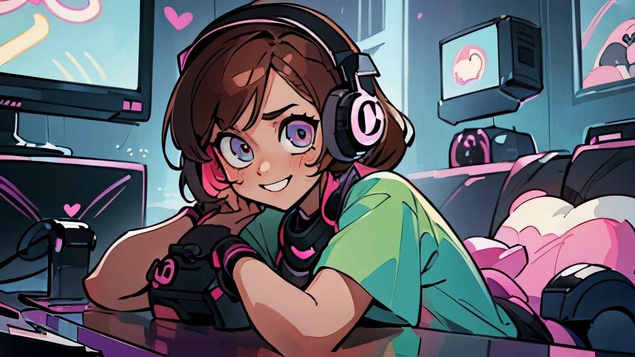 masterpiece, official art, 8k, best quality, highly detailed, cheerful, black person, gamer, cute, colorful room: cute outfit, eyes with hearts, gamer headphones, adorable person, gamer set up, vibrant colors, pink and black, watching the scene with a cute smile. (a girl, anime character, youtube thumbnail), (brown-haired girl, anime character), (two-tone hair, black and white), (stylish outfit, vibrant colors), (best quality, ultra-detailed, realistic : 1.37), (anime style), (vibrant colors, contrasting tones), (soft, diffuse lighting)