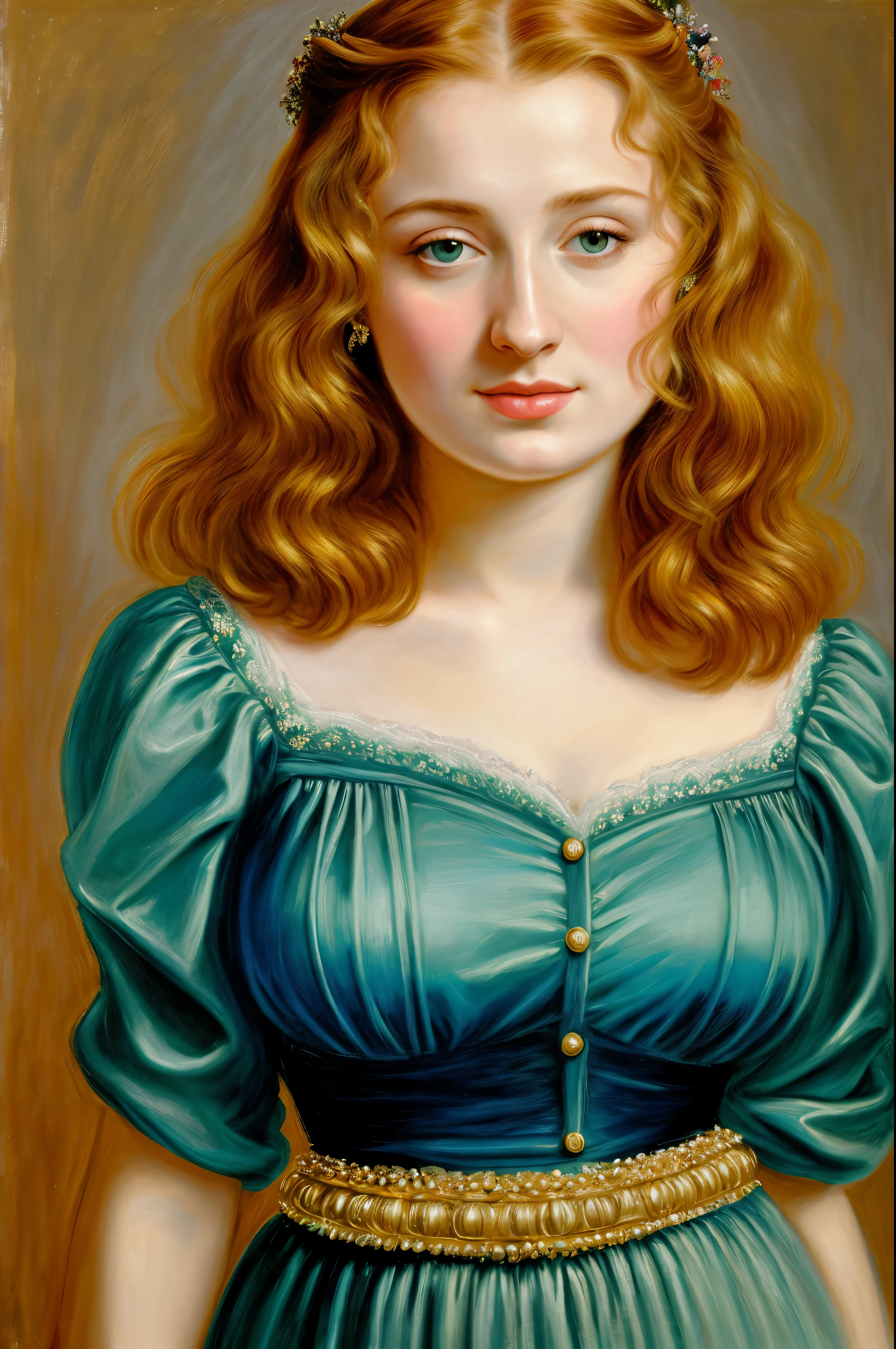 Oil pastel painting, Sansa Stark PLAYED BY SOPHIE TURNER Ned and Cat's oldest daughter. Demure and ladylike, her dream to marry Prince Joffrey. Her direwolf named Lady , Game of Thrones Series, (pele altamente detalhada: 1.2), 8k UHD, DSLR, soft-lighting, alta qualidade, grain of film, Fujifilm XT3, by Peter Paul Rubens, in Peter Paul Rubens style,