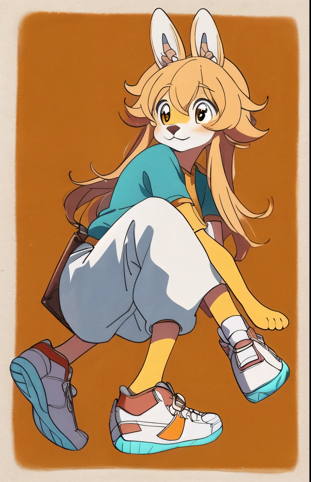 masterpiece, cute drawing best quality, 1 furry hare, shoes, One, orange itself, white wool, white bangs , long sleeves, sports trousers , wide , blue , yellow background, Черная shoes, black eyes, socks,whole body, standing,smile, stars , emoji dolora ,