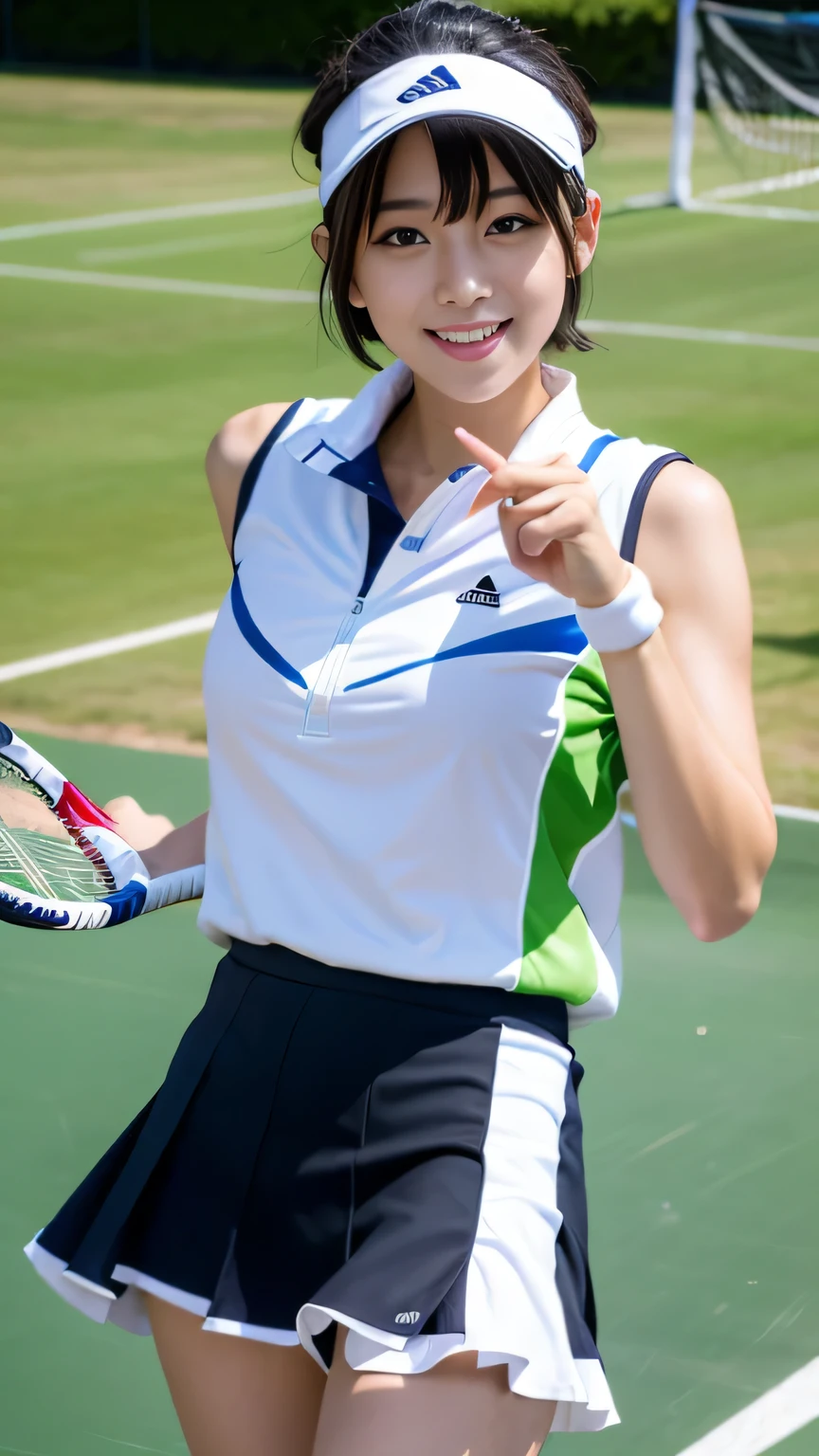 (highest quality, masterpiece, ultra high resolution, (realistic:1.4), Raw photo, very detailed, perfect anatomy),
((1 girl, most famous japanese idol)), ((Wearing a colorful tennis uniform sleeveless shirt, Wearing a colorful tennis uniform skirt, Wearing a white tennis uniform cap)), cowboy shot, ((innocent smile, dynamic pose, {(Beautiful butt pointing upwards while wearing tennis bloomers with a cute design)))}}, face and waist lighting, (Very cute face like a popular Japanese idol, very beautiful big black round eyes, very beautiful black hair short cut), very beautiful white skin, very beautiful thighs,{{thin butt}}
detailed cute face, Detailed beautiful big black firm eyes, Detailed beautiful black short cut hair, delicate, beautiful white skin, detailed beautiful thighs, Detailed colorful tennis uniform sleeveless shirt, Detailed colorful tennis uniform skirt, Detailed white tennis uniform cap, Tennis bloomers with a cute design with attention to detail