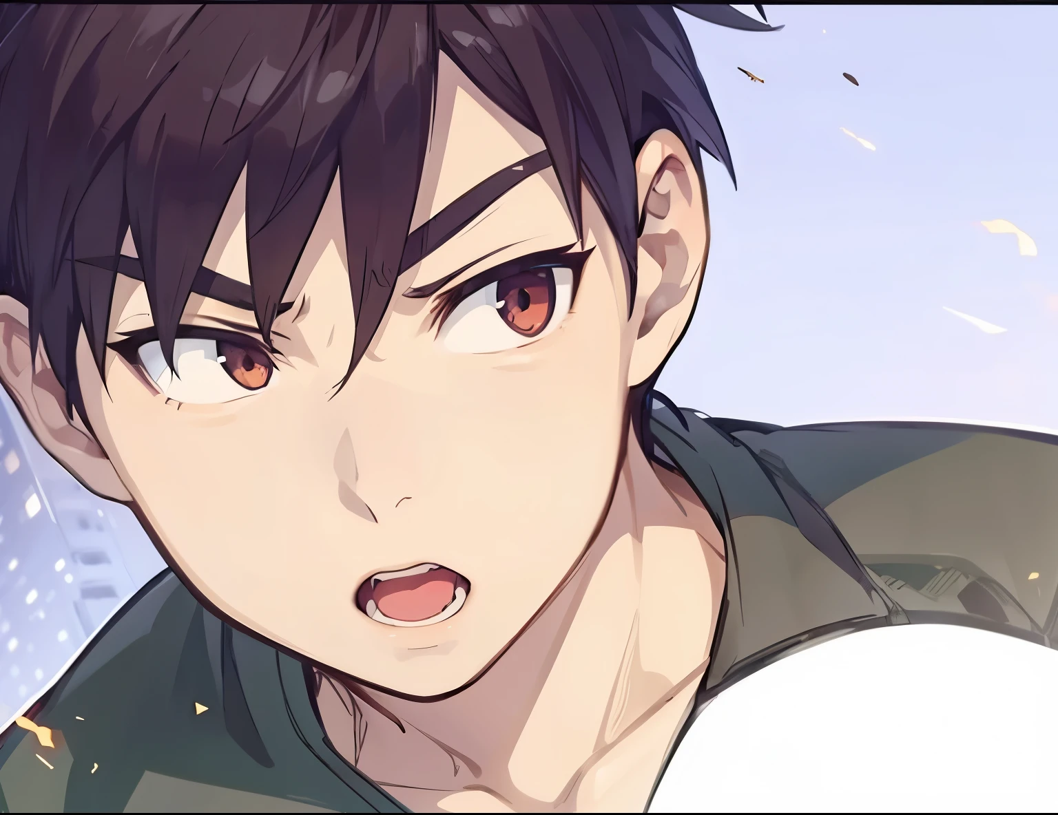 anime style, A guy squat at rooftop, outdoors, upper body, evil eyes, angry, brown eyes, devil, dark smoke, fire at city building, front view, focus on viewer, photo real, ultra detailed, masterpiece, ultra high quality, ultra high resolution, ultra realistic, ultra reflection, ultra lighting, detailed background, dramatic lighting, low key, dark tone, 8K