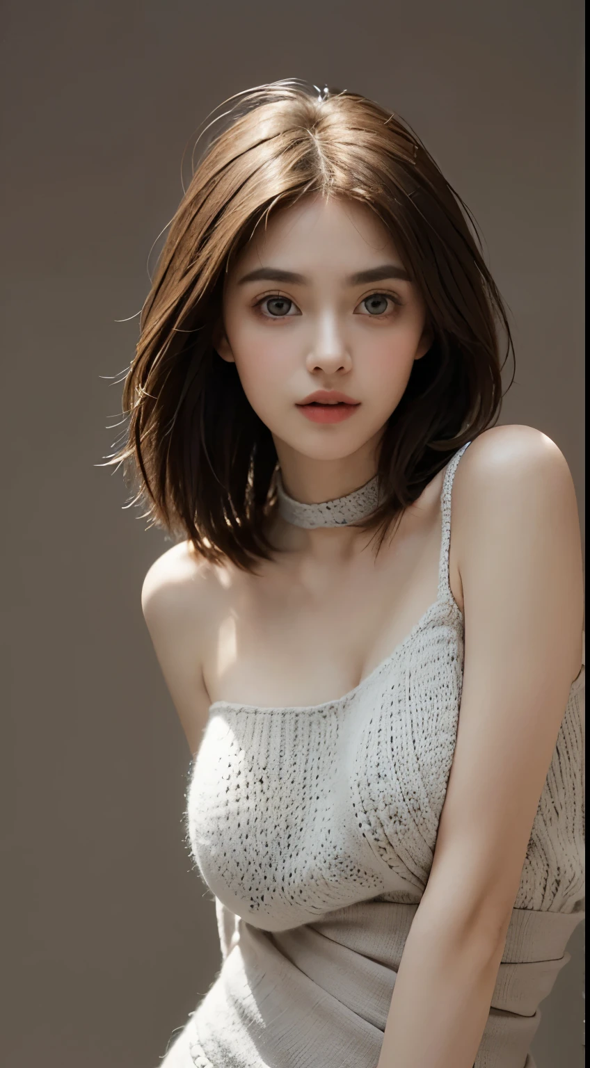 top quality, Draw details, (put your face in, waist), Masterpiece, ultra high resolution, (actual:1.4), original photo, (fair and clean skin, Delicate skin, Skin as young as ), (Glossy and atmospheric), (Small head), (a small face, shallow round face), (beautiful turd), (beautiful expression), (big eyes:1.3),(look at me with a smile:0.7), (deep affection), cute little, (brown long hair short hair, straight hair, Soft hair:1.7), (1 female, solo), (Strong breasts, huge breasts:1.7), (A slender one:1.3), (thin waist, Thin arms, slim legs, thin neck, thin shoulders:1.4), (sloping shoulders), (light brown, Boss, knitting:1.6), (collar, a black) rest (grey, Simple gradient background with depth:1.5), (soft light lighting:1.5),