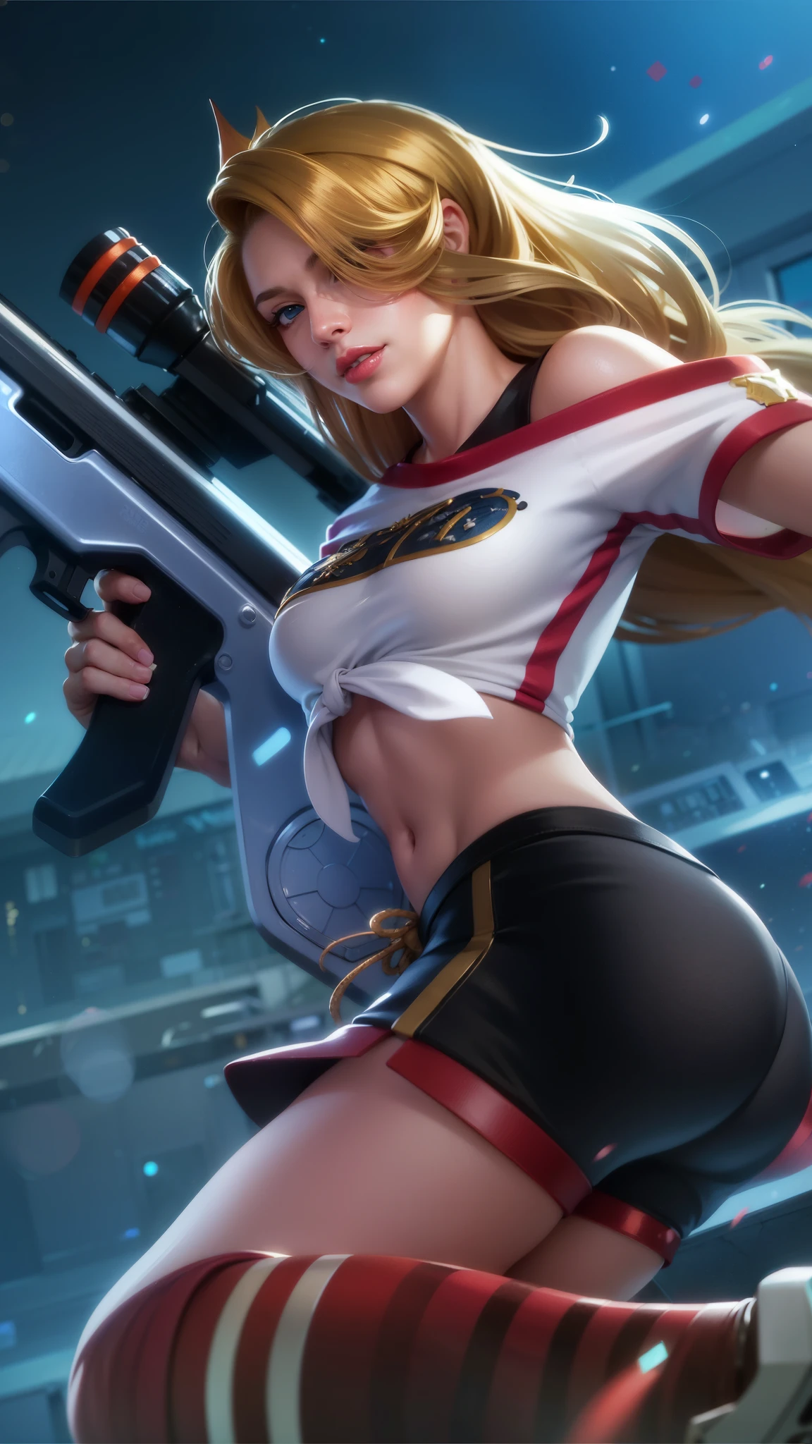 a close up of a woman with a gun in her hand, blonde long hair, red lips glossy, 8k, ultra hd, ultra detailed texture, hyper realistic, masterpiece, detailed texture, detailed face, detailed skin, detailed lighting, (photorealistic:1.5), best quality, beautiful lighting, cinematic lighting, professional lighting, ultra highres, realistic, detailed hair, real hair, high quality, (realskin:1.5), extremely detailed, finely detail, ultra-detailed, blue eyes, smile