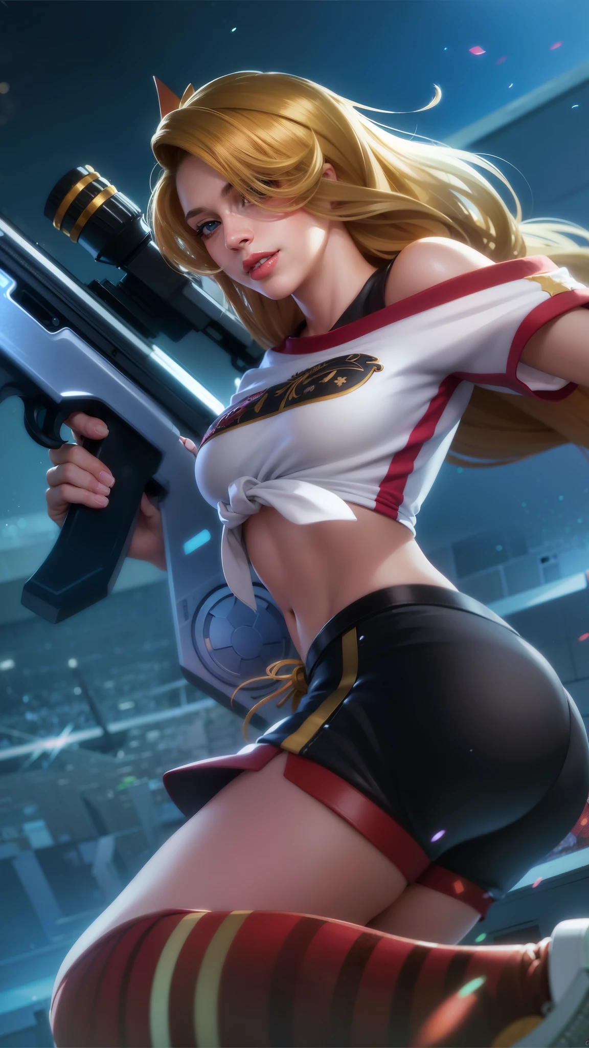 a close up of a woman with a gun in her hand, blonde long hair, red lips glossy, 8k, ultra hd, ultra detailed texture, hyper realistic, masterpiece, detailed texture, detailed face, detailed skin, detailed lighting, (photorealistic:1.5), best quality, beautiful lighting, cinematic lighting, professional lighting, ultra highres, realistic, detailed hair, real hair, high quality, (realskin:1.5), extremely detailed, finely detail, ultra-detailed, blue eyes, smile