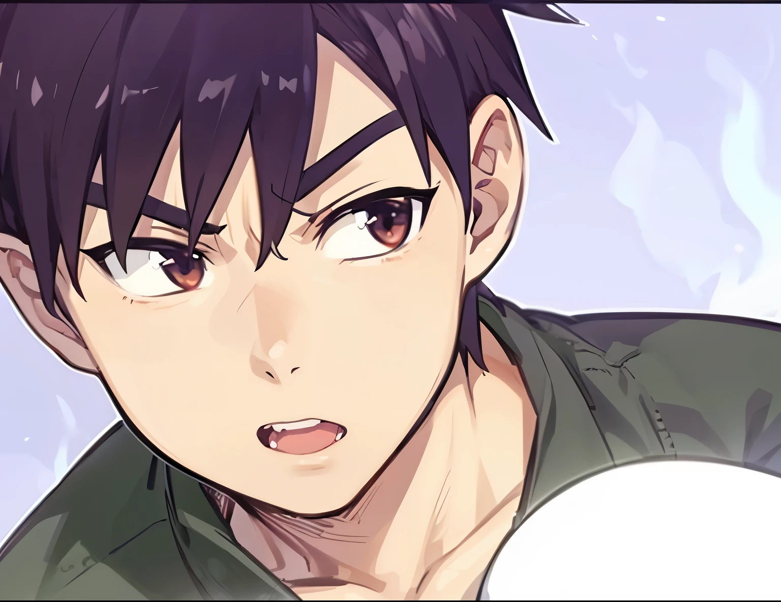 anime style, A guy squat at rooftop, outdoors, upper body, evil eyes, angry, brown eyes, devil, dark smoke, fire at city building, front view, focus on viewer, photo real, ultra detailed, masterpiece, ultra high quality, ultra high resolution, ultra realistic, ultra reflection, ultra lighting, detailed background, dramatic lighting, low key, dark tone, 8K