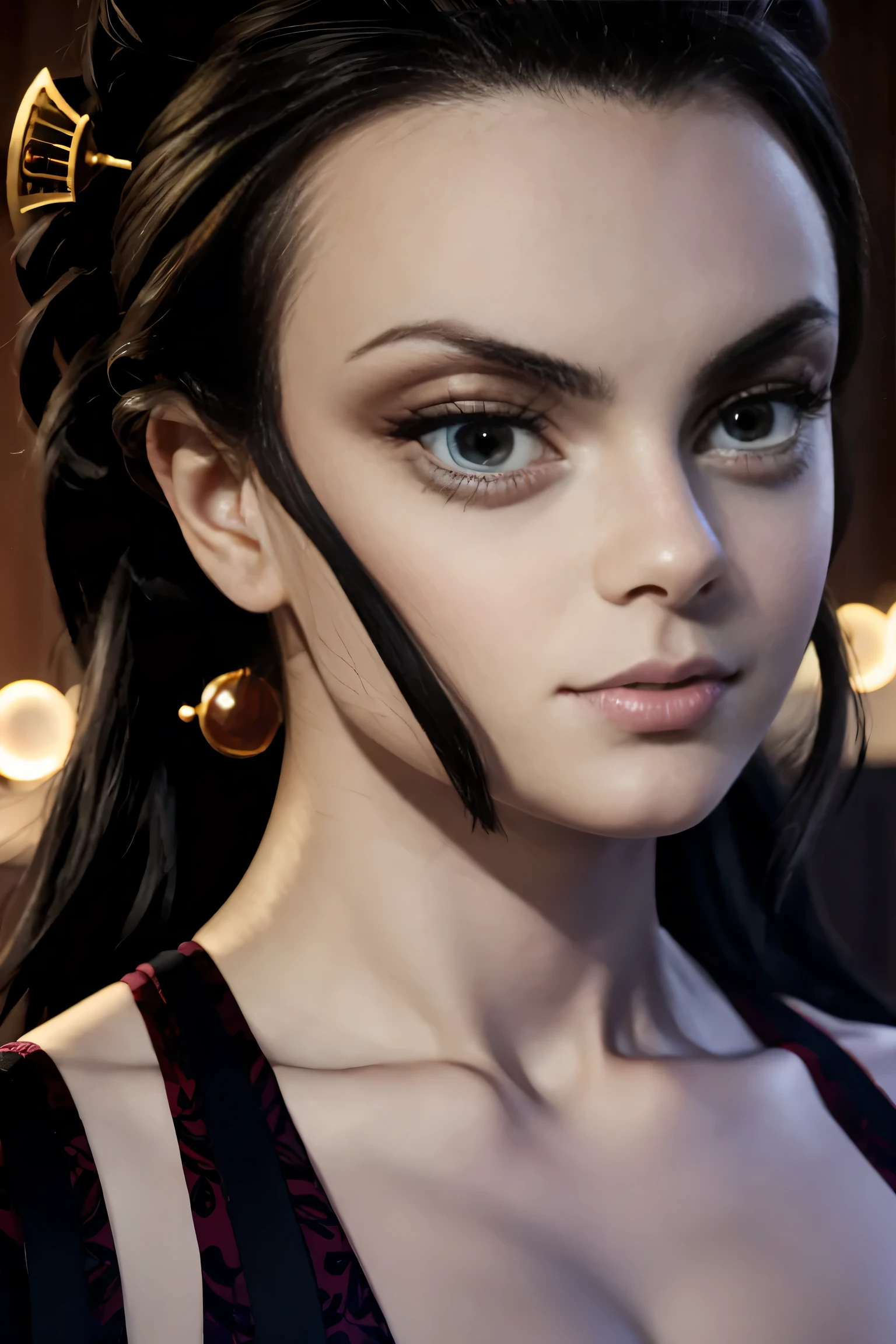 obra maestra, photoRealistic, 8K ,Make eye contact with the camera., micro bikini, escote,、Los detalles del iris de la pupila son muy sorprendentes、Extremidades sin roturas.、adolescente blanca、Boca naturalmente cerrada、Areola natural、natural 、ojos fijos、cuerpo natural、Slightly 、rostro femenino、cuerpo femenino、con cara redonda、a small face、mejillas suaveirando a la camara、cuerpo completosbian、desapego、Rostro equilibrado、Estrabismo ligeramente interno、top-less, Golpes ((ojos grandes)) pechos reveladores. ropa de dormir elegante transparente, en , cabello largo, lacio, Asesino de demonios, PELO NEGRO, Hair dyed blanco , servidumbre, Mansion, asombroso, Real anime, adorno en la cabeza, blanco, cuerpo mojado, textura en la piel, Real, retrato, centrarse en el cuerpo, desde arriba