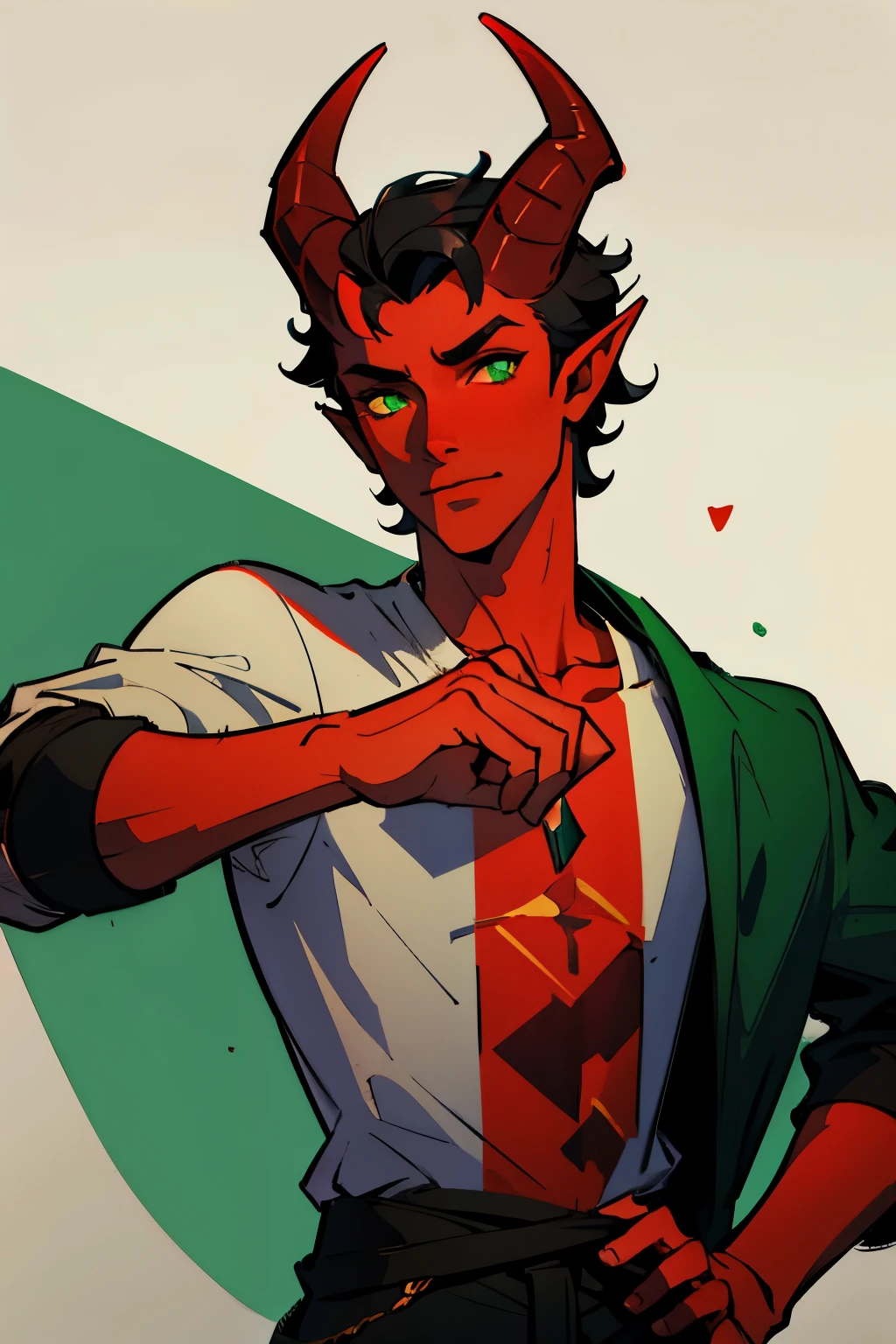 1 man, ager, devil, red skin, pointy tail, green eyes, wearing casual clothes, tiefling, horns, short black hair
